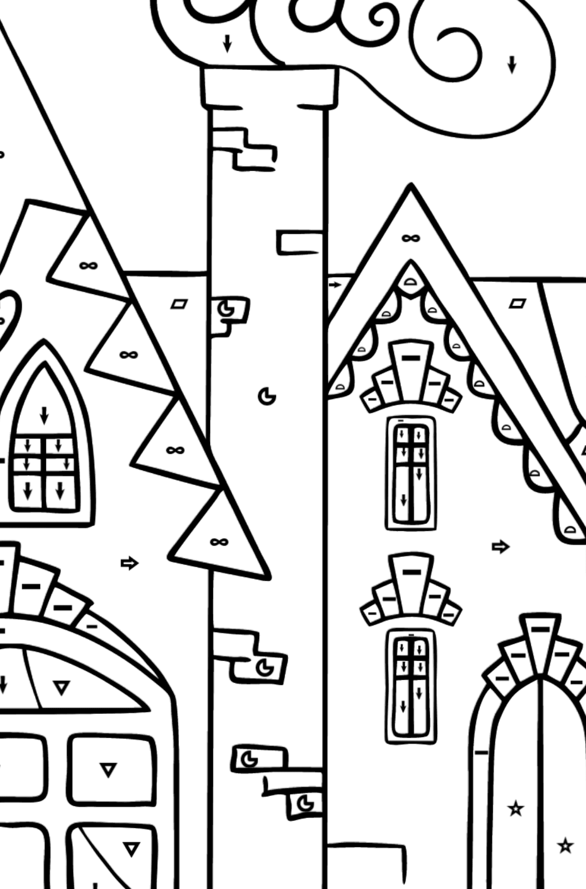 Czarujący dom kolorowanka (trudna) - Kolorowanie według symboli i figur geometrycznych dla dzieci