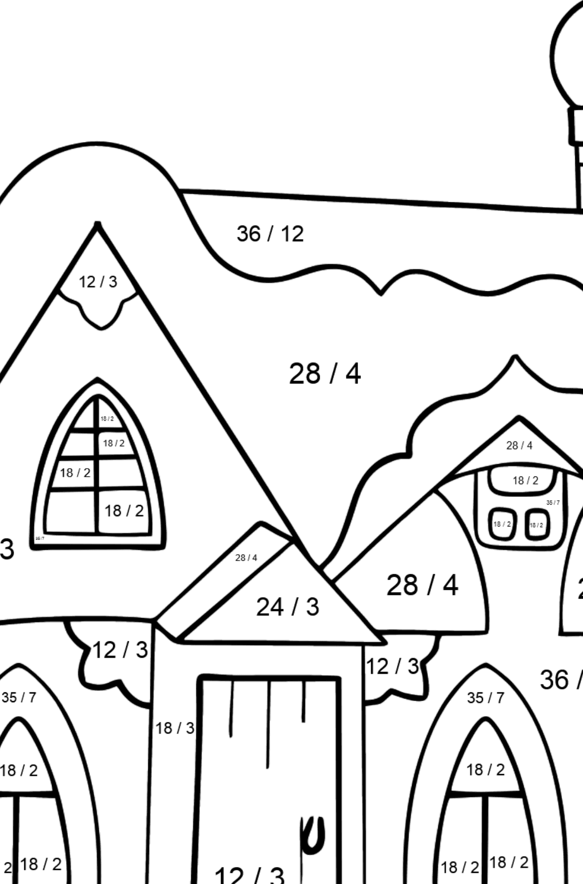 Kolorowanka Bajkowy dom (trudna) - Kolorowanki matematyczne dzielenie dla dzieci