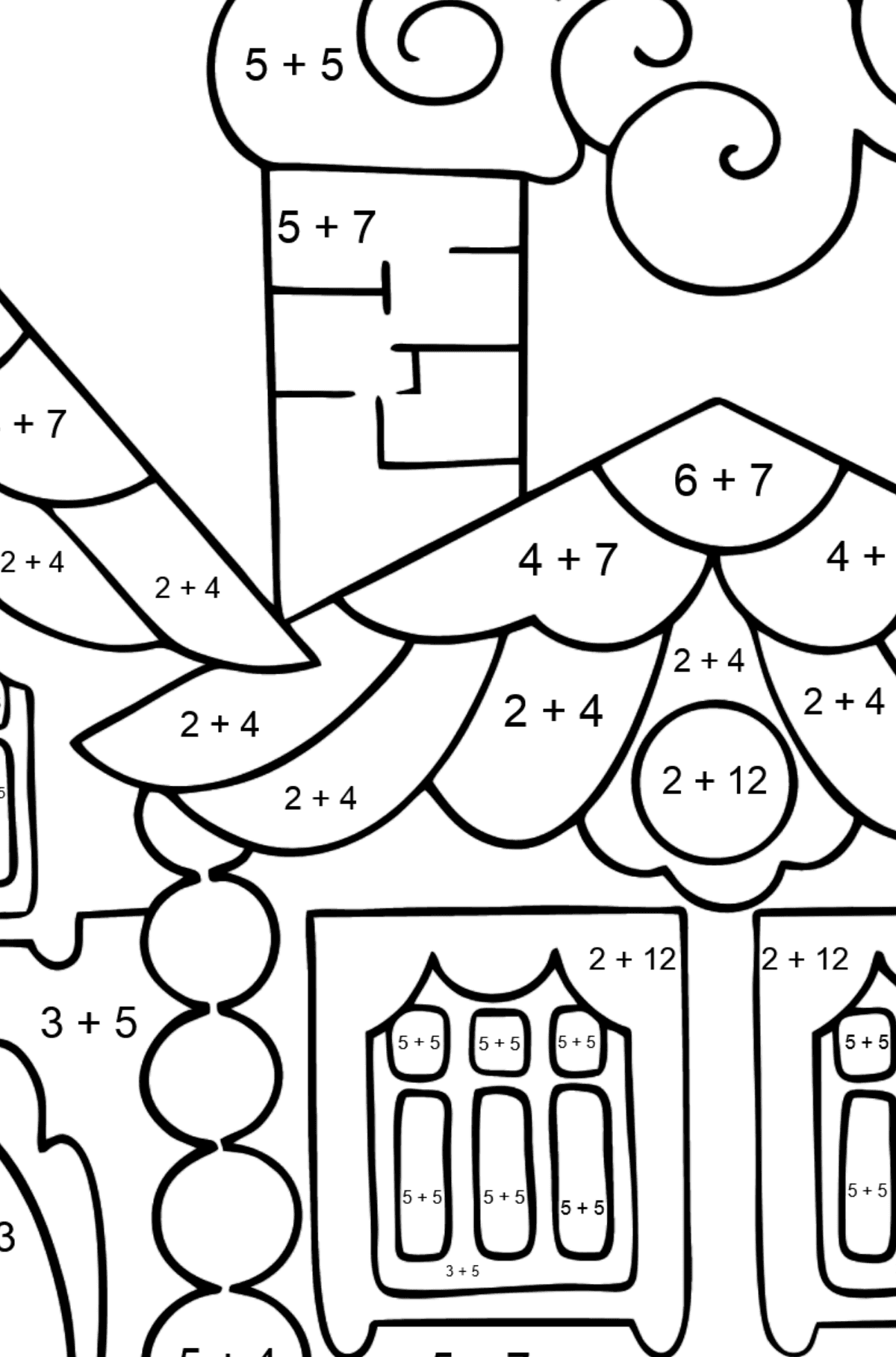 Ausmalbild Haus im Wald (Schwer) - Mathe Ausmalbilder - Addition für Kinder