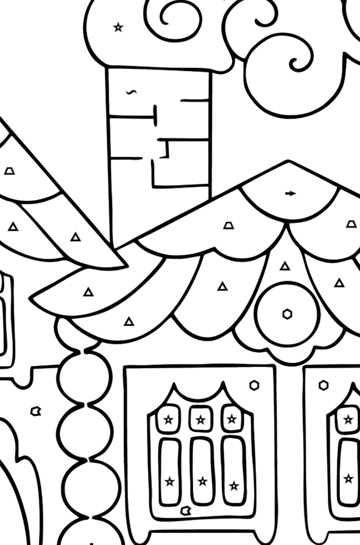 Kolorowanka Dom w lesie (trudna) - Kolorowanie według symboli i figur geometrycznych dla dzieci