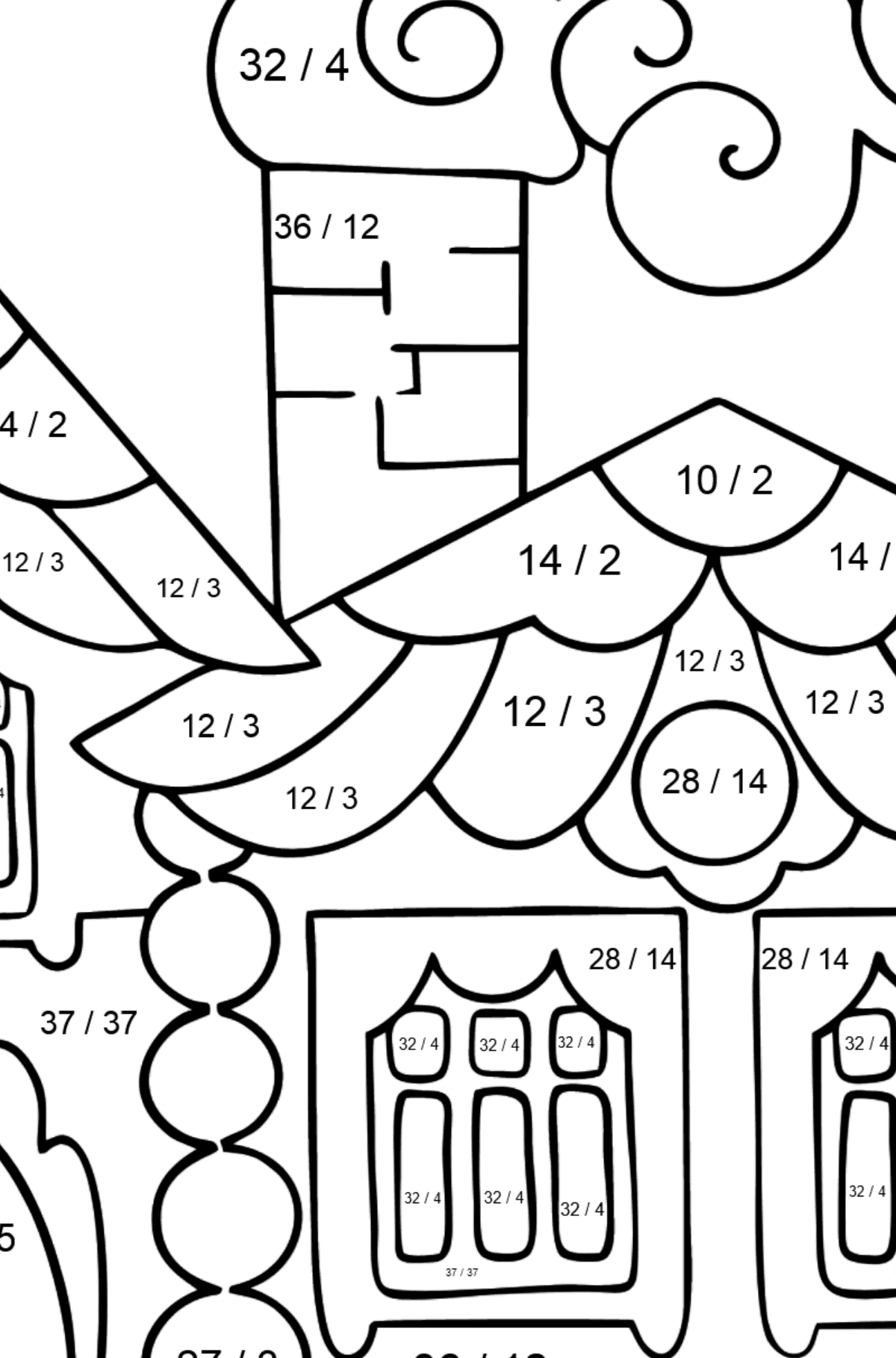 Ausmalbild Haus im Wald (Schwer) - Mathe Ausmalbilder - Division für Kinder