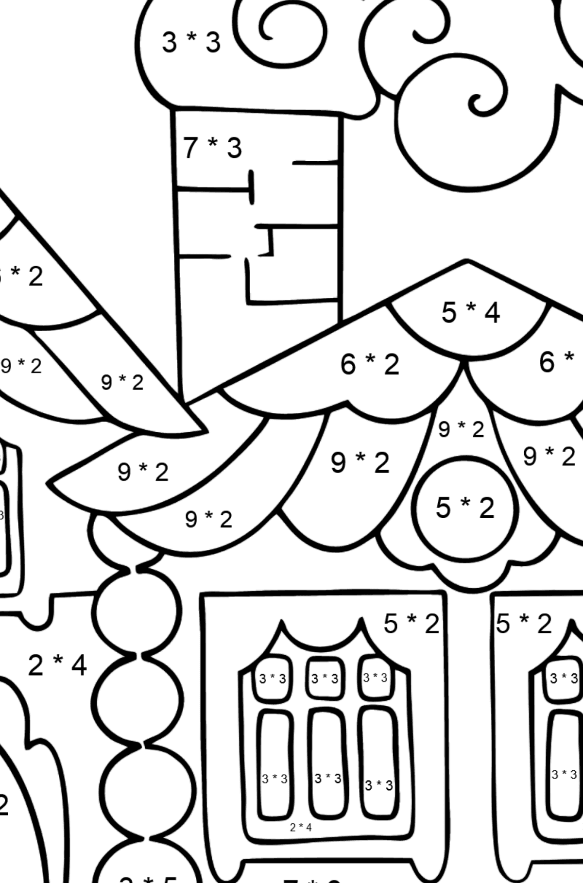 Ausmalbild Haus im Wald (Schwer) - Mathe Ausmalbilder - Multiplikation für Kinder