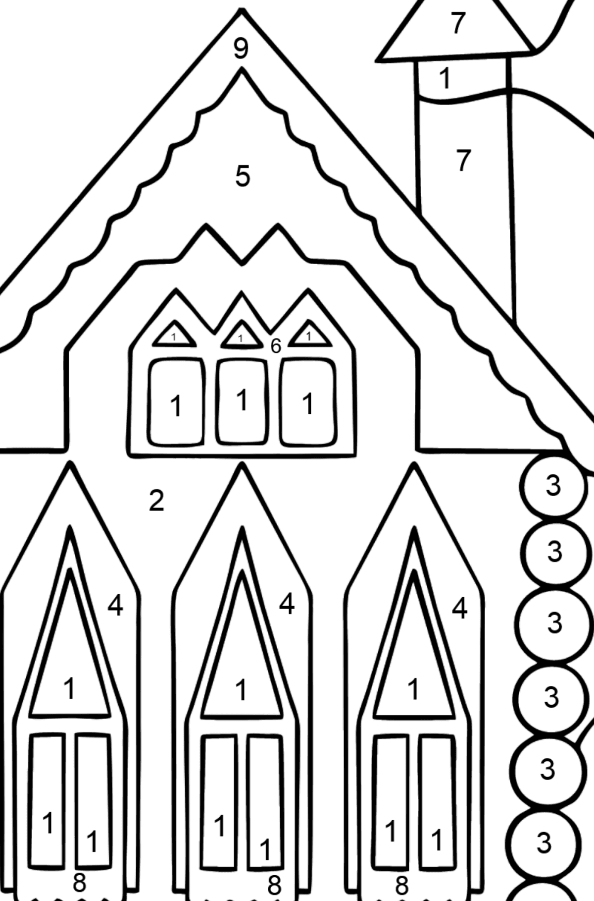 Ausmalbild Regenbogenhaus (Schwer) - Malen nach Zahlen für Kinder