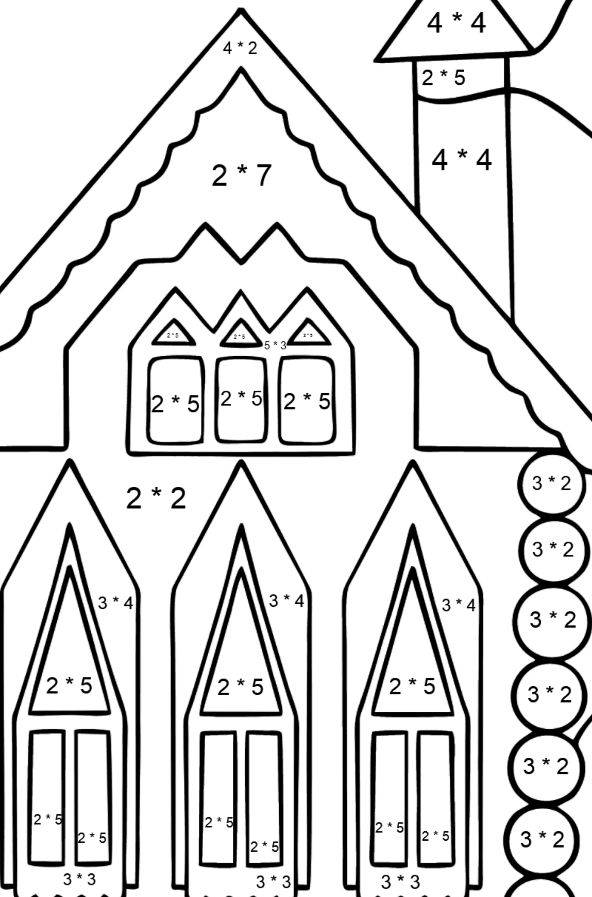 Ausmalbild Regenbogenhaus (Schwer) - Mathe Ausmalbilder - Multiplikation für Kinder