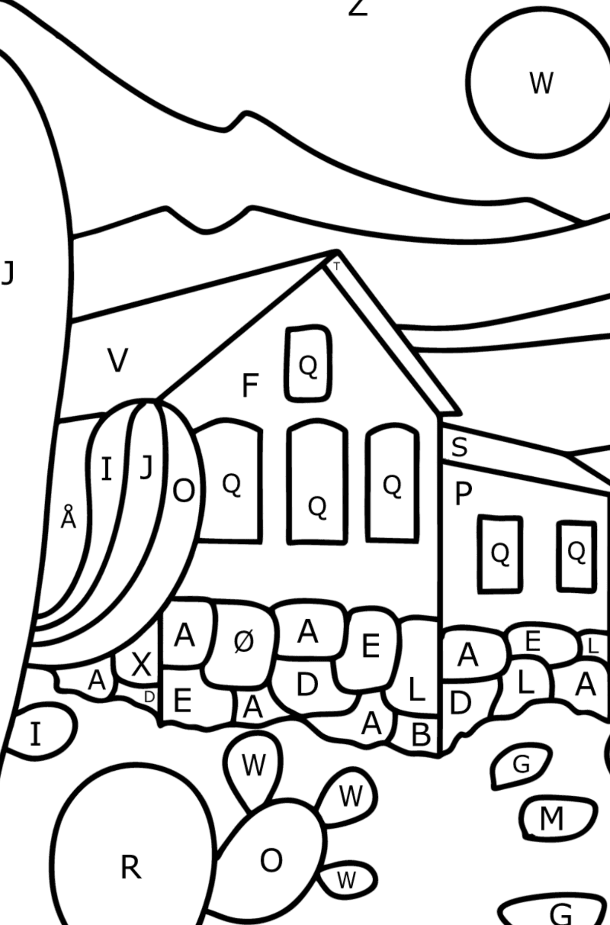 Tegning til fargelegging hytte i ørkenen - Fargelegge etter bokstaver for barn