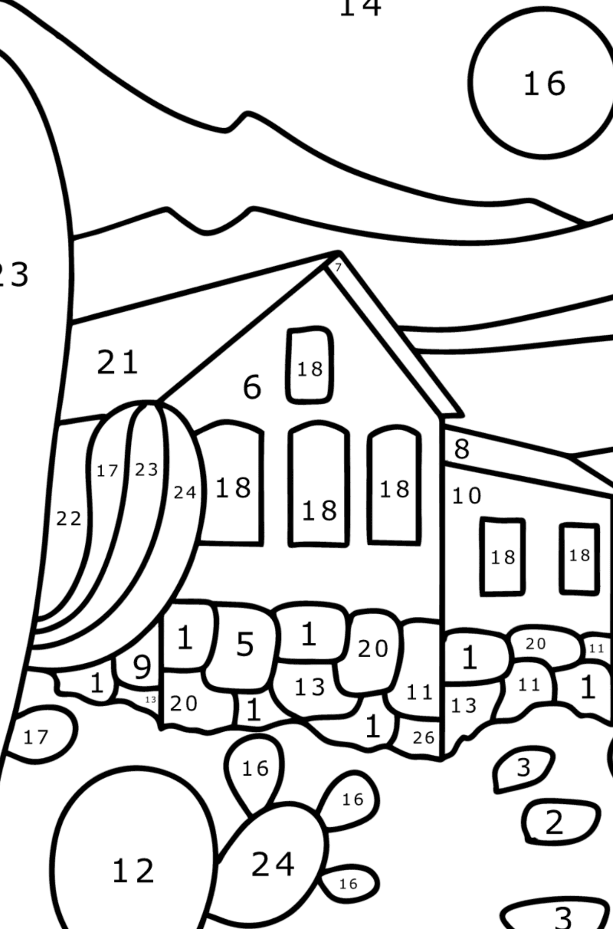 Tegning til fargelegging hytte i ørkenen - Fargelegge etter numre for barn