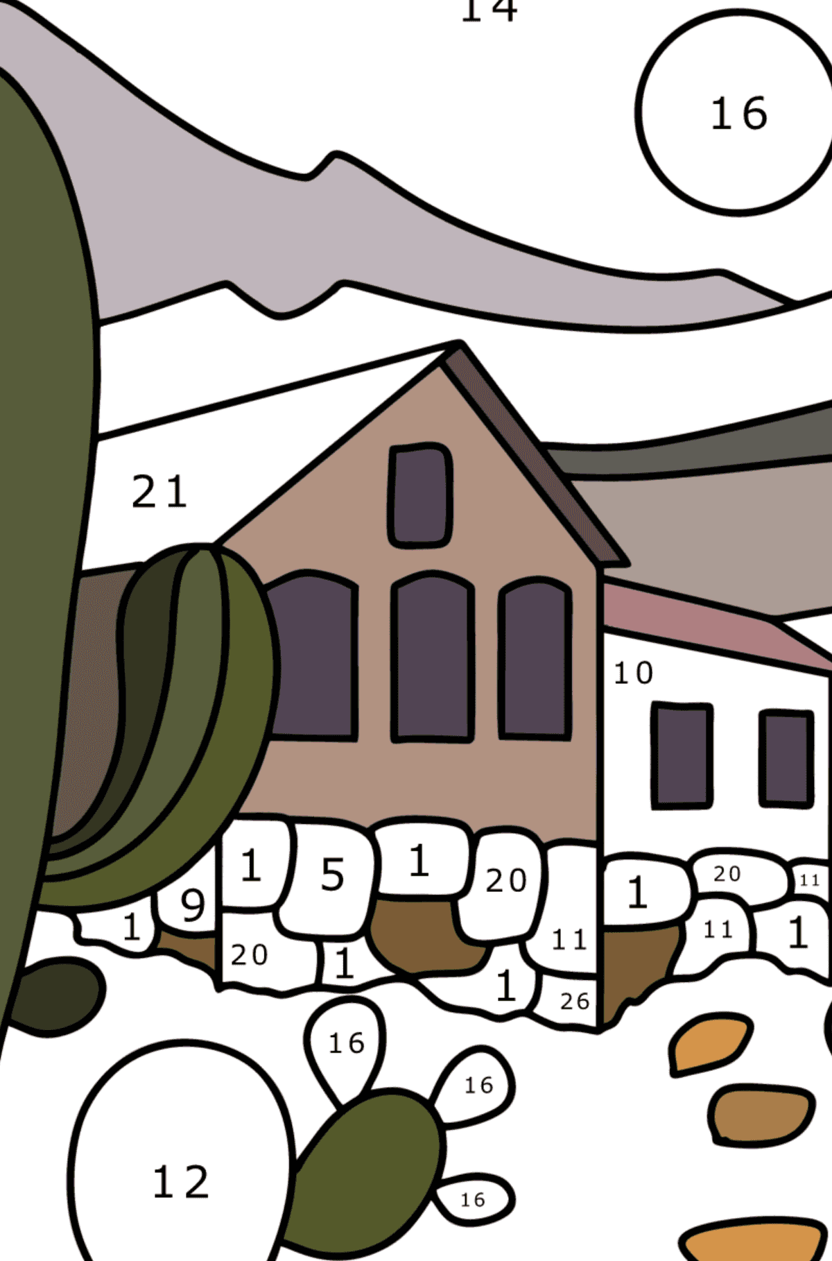 Ausmalbild Hütte in der Wüste - Malen nach Zahlen für Kinder