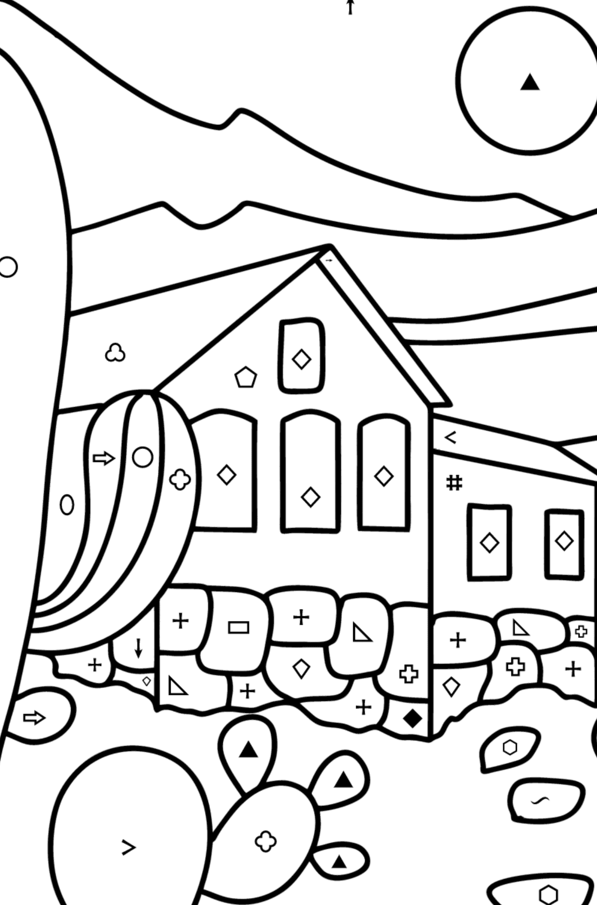Tegning til fargelegging hytte i ørkenen - Fargelegge etter symboler og geometriske former for barn