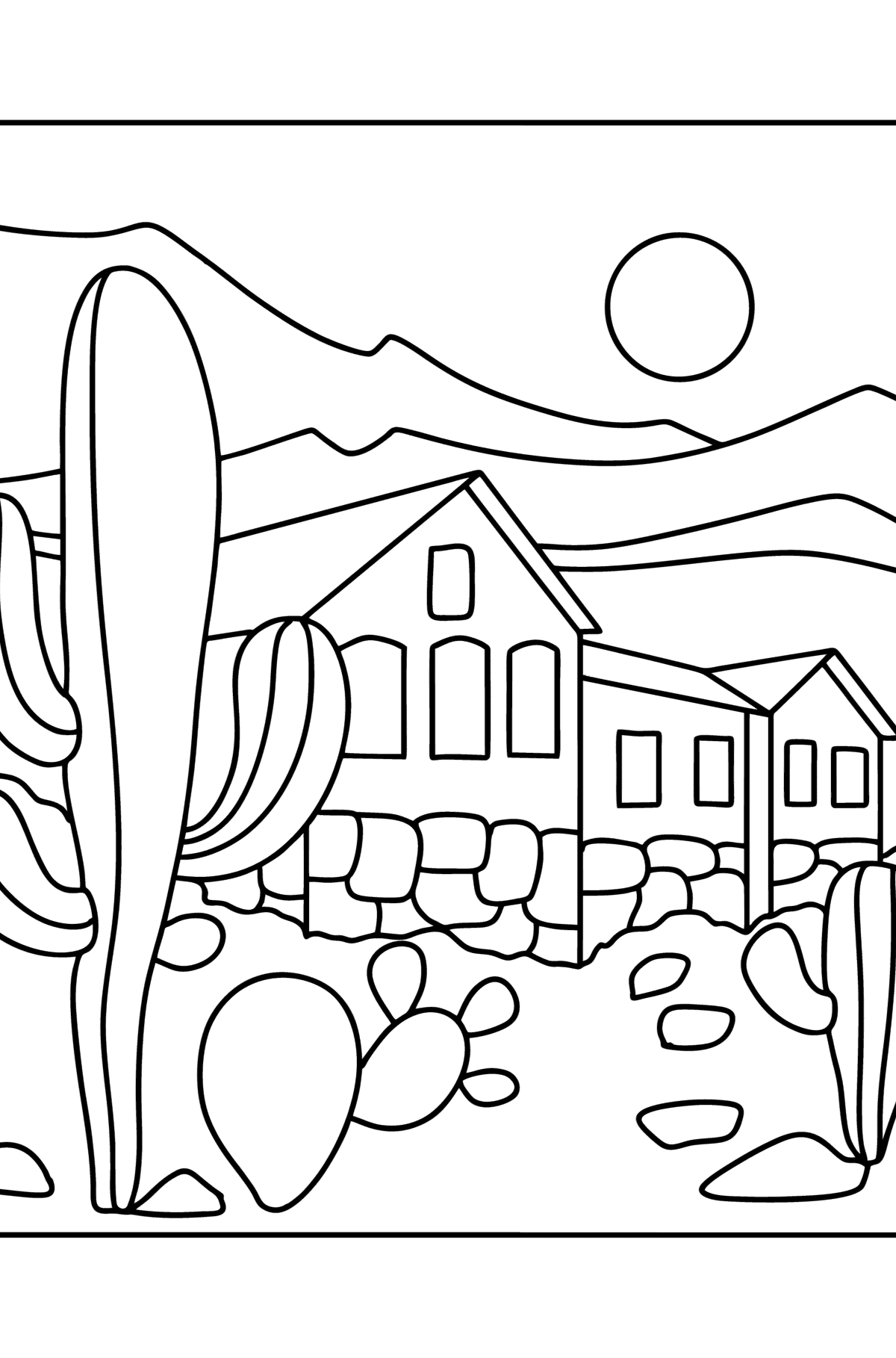 Tegning til farvning sommerhus i ørkenen - Tegninger til farvelægning for børn