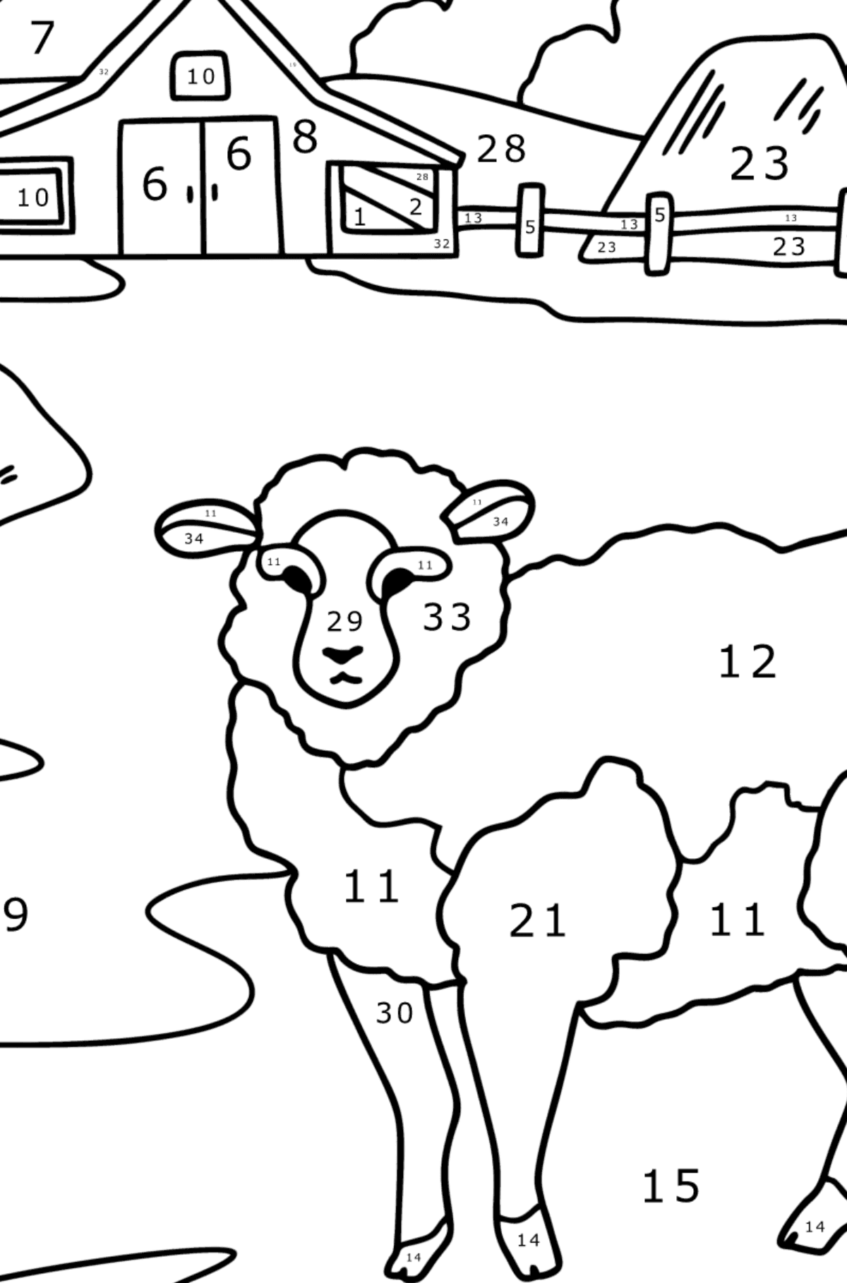 Dibujo de Ovejas en la granja para colorear - Colorear por Números para Niños