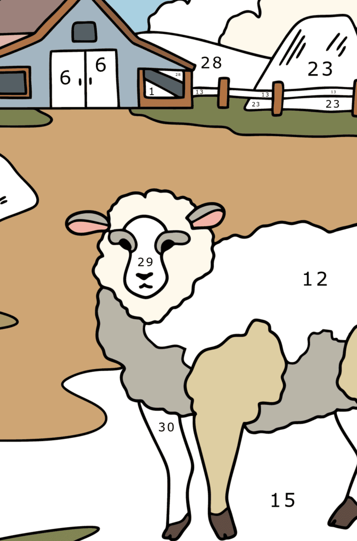 Desenho de Ovelhas na fazenda para colorir - Colorir por Números para Crianças