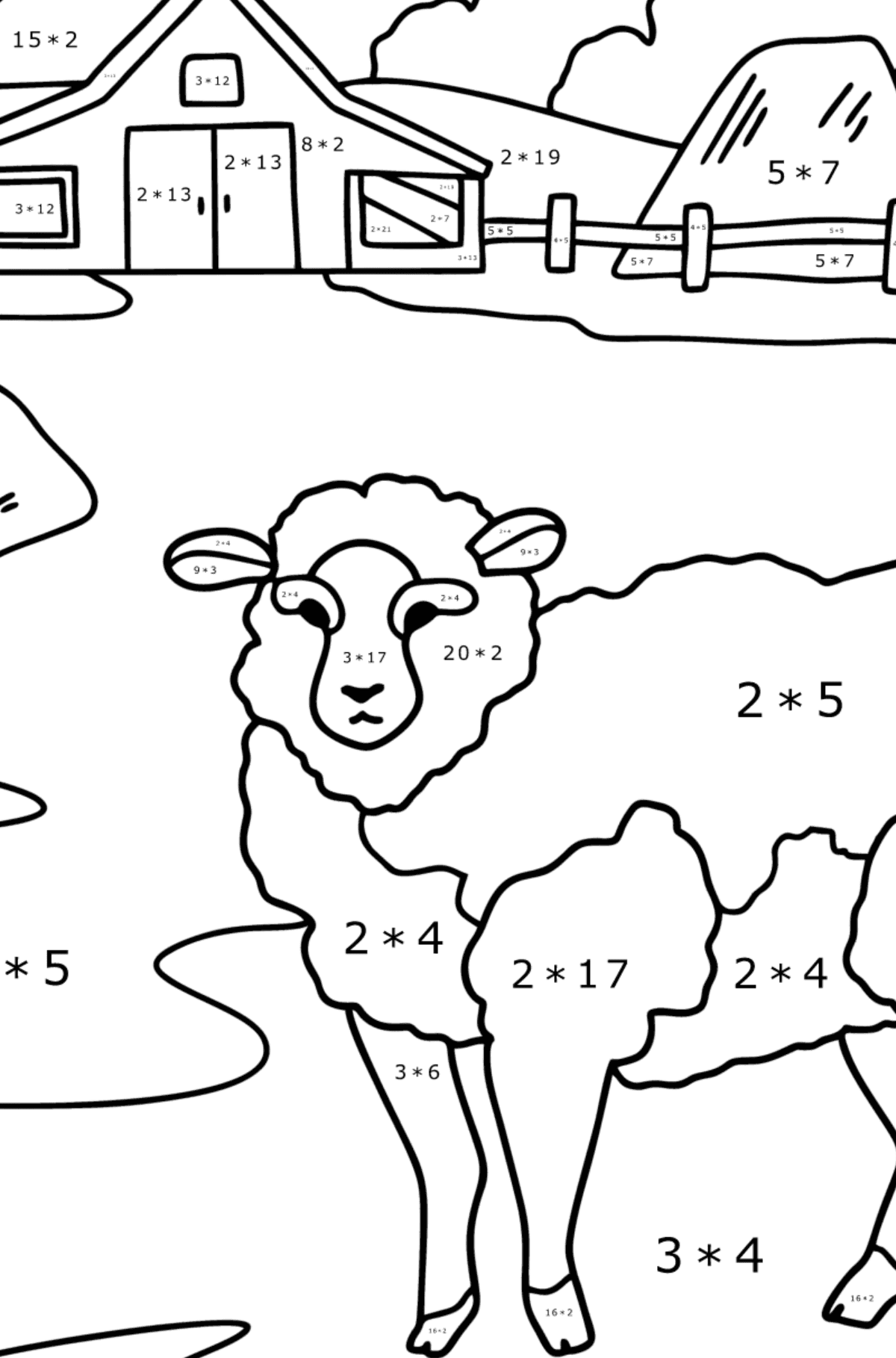 Dibujo de Ovejas en la granja para colorear - Colorear con Matemáticas - Multiplicaciones para Niños