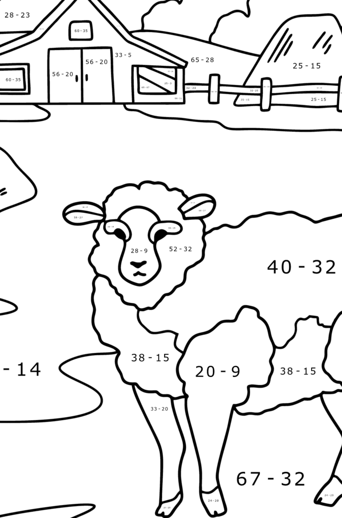 Farm coloring page - Math Coloring - Subtraction for Kids