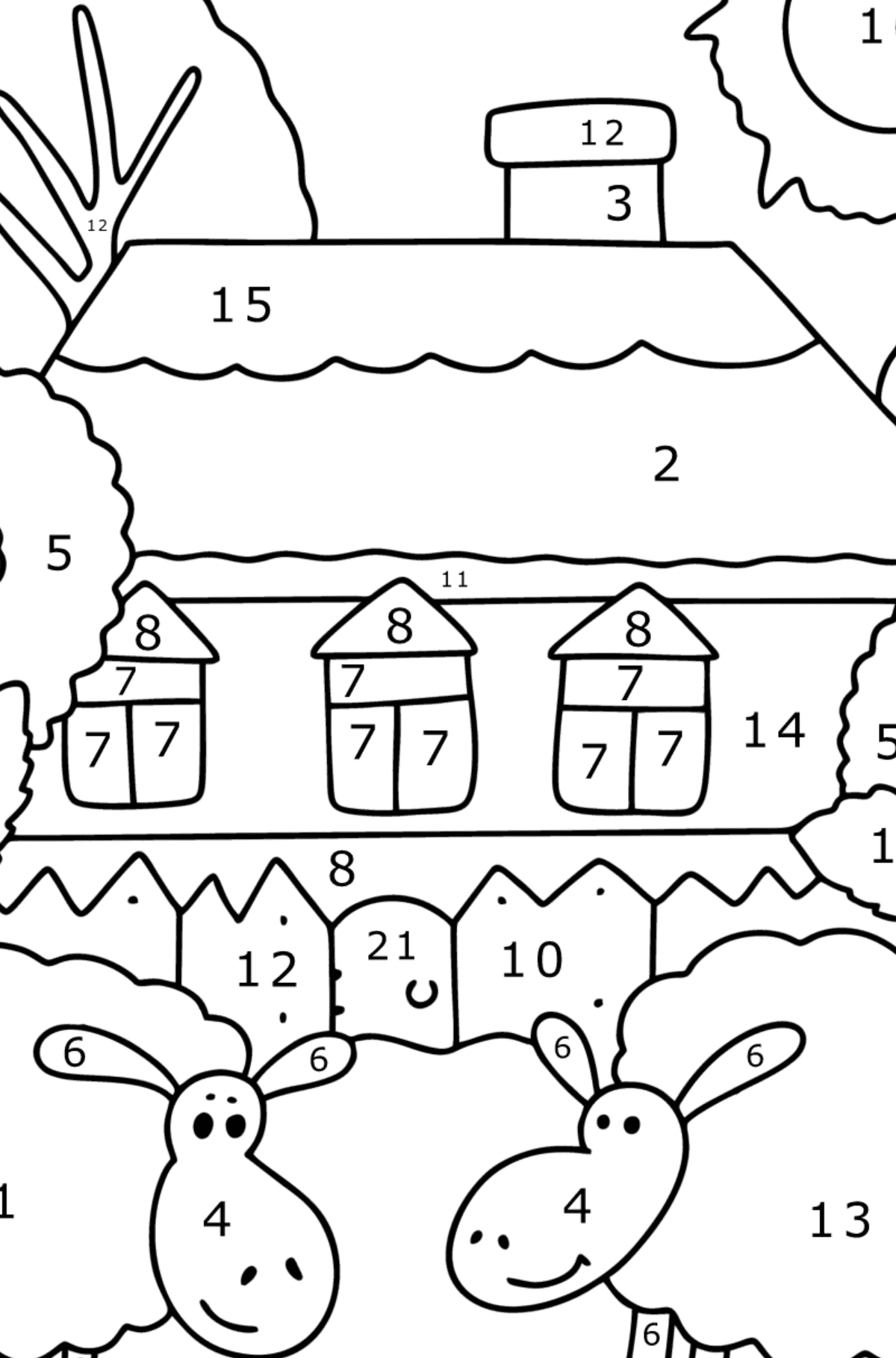 Ausmalbild Schönes Haus mit Garten - Malen nach Zahlen für Kinder