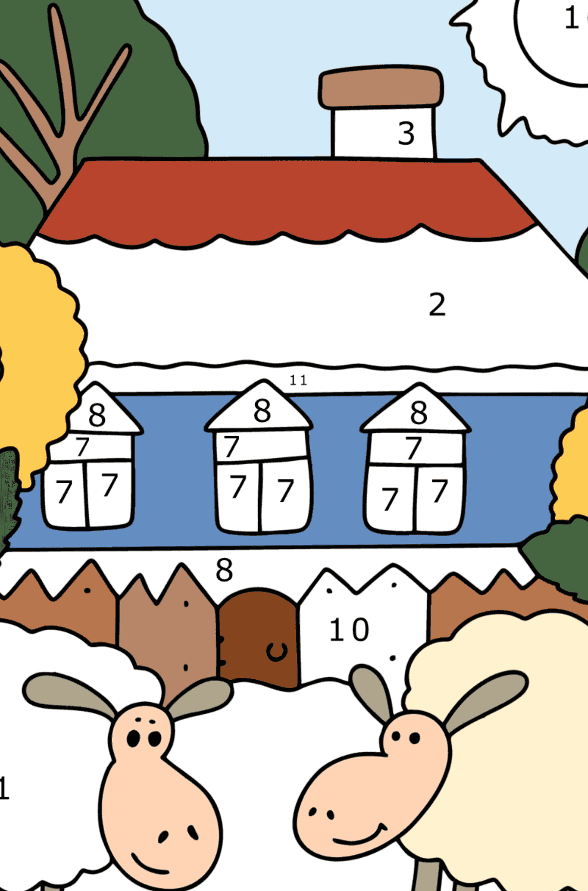 Ausmalbild Schönes Haus mit Garten - Malen nach Zahlen für Kinder