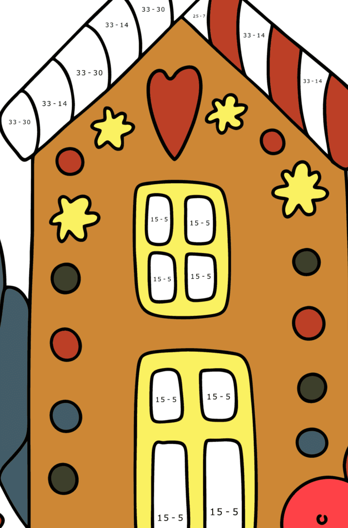 Ausmalbild Winter Lebkuchenhaus - Mathe Ausmalbilder - Subtraktion für Kinder