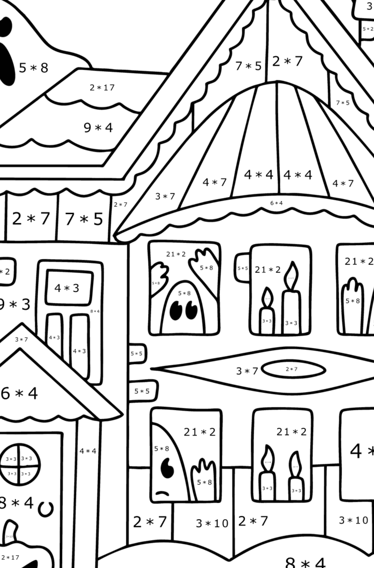 Dibujo de Casa embrujada para colorear - Colorear con Matemáticas - Multiplicaciones para Niños