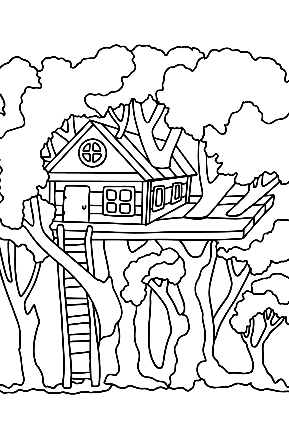 Tegning til farvning hus på et træ - Tegninger til farvelægning for børn