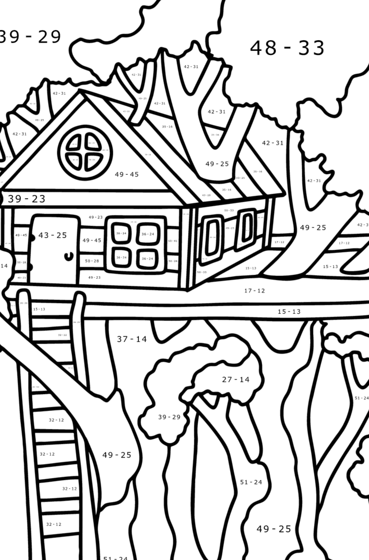 House on a tree coloring page - Math Coloring - Subtraction for Kids