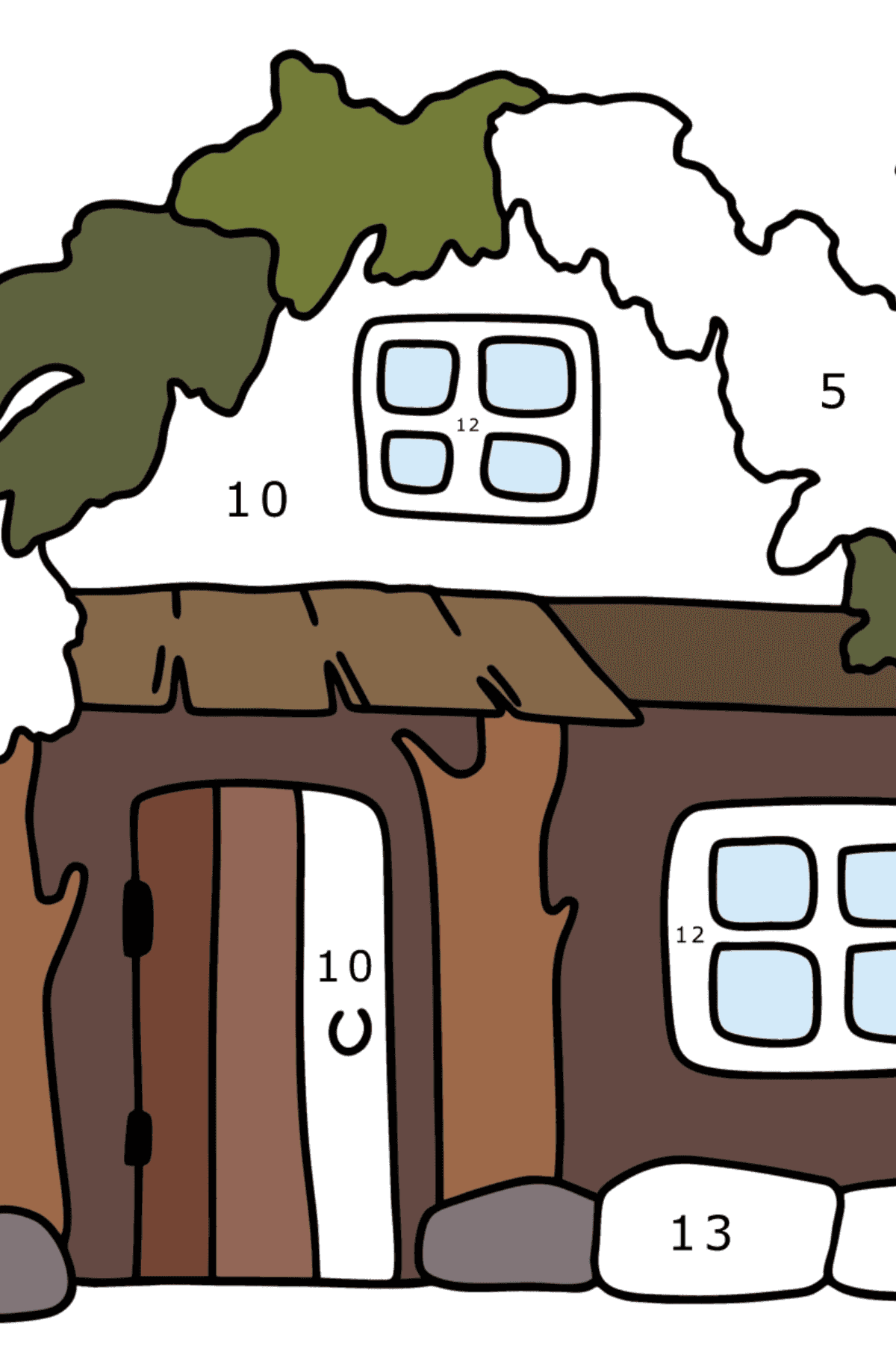 Ausmalbild Hütte - Malen nach Zahlen für Kinder