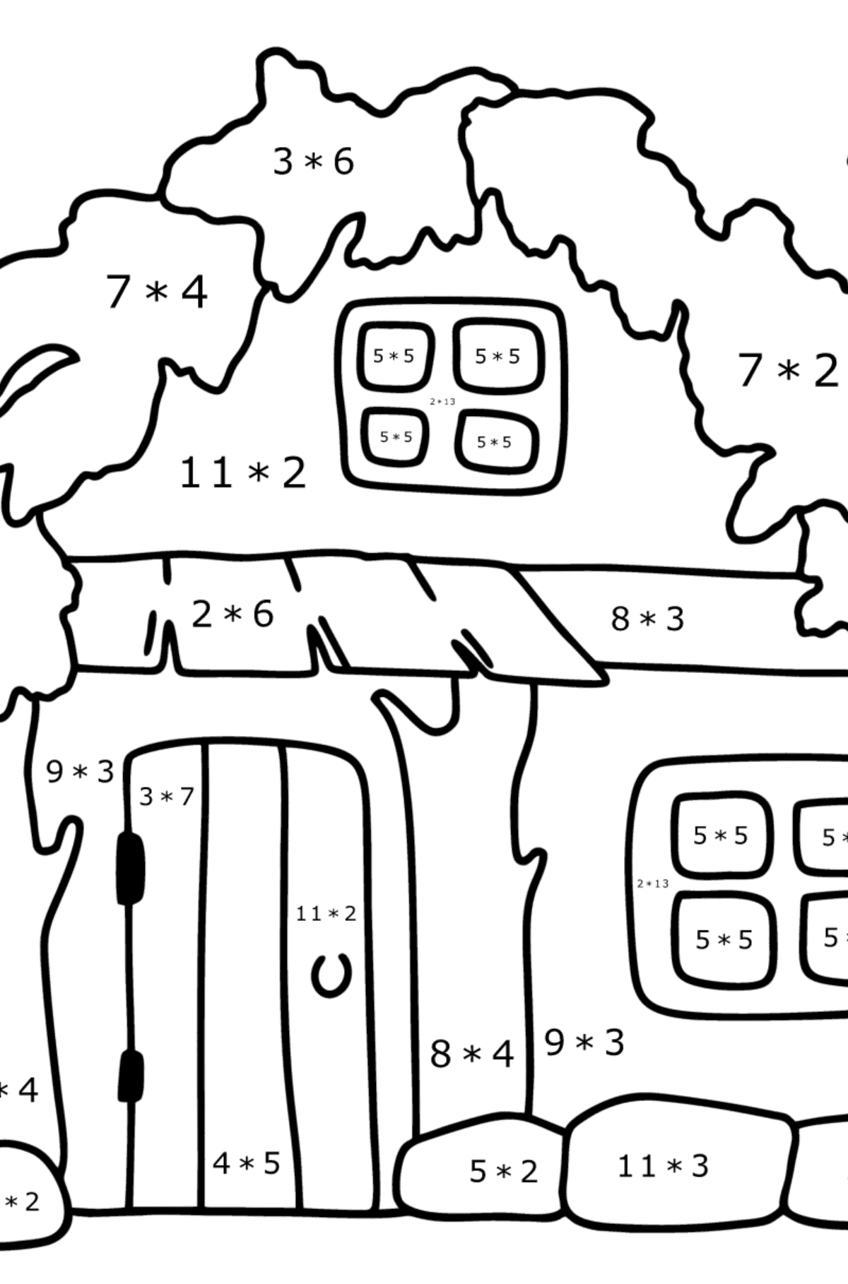 Dibujo de Cabaña para colorear - Colorear con Matemáticas - Multiplicaciones para Niños