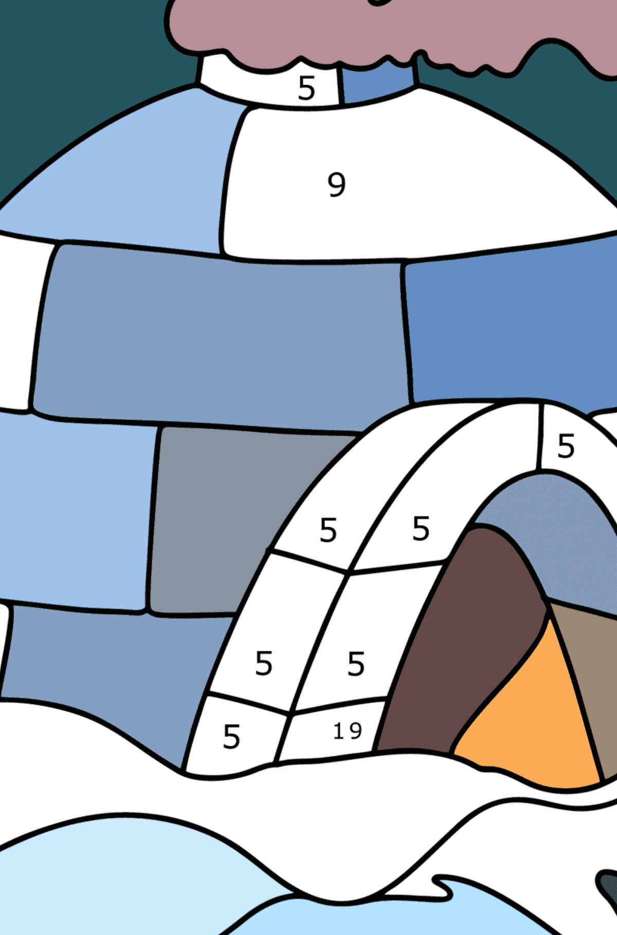 Ausmalbild Iglu-Eishaus - Malen nach Zahlen für Kinder