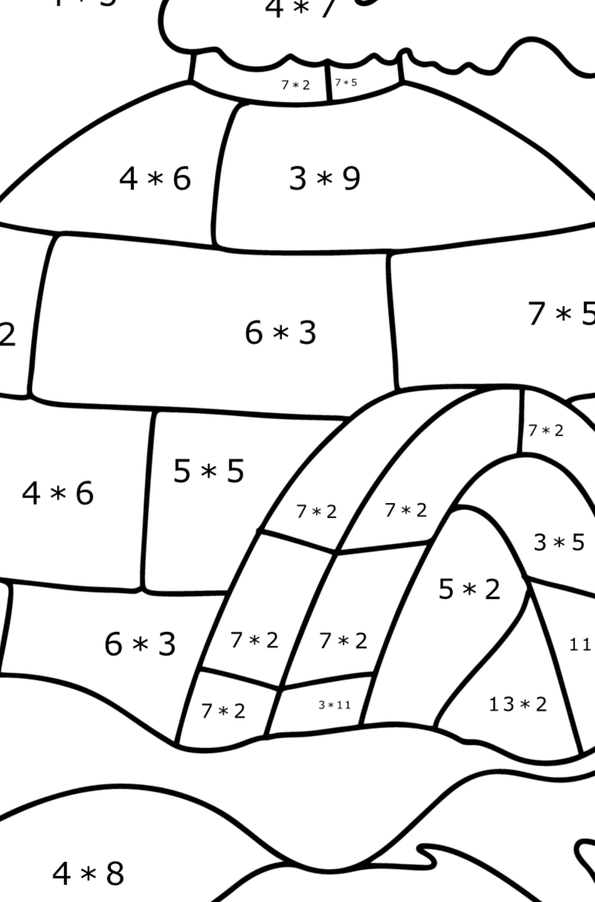 Dibujo de Casa de hielo iglú para colorear - Colorear con Matemáticas - Multiplicaciones para Niños