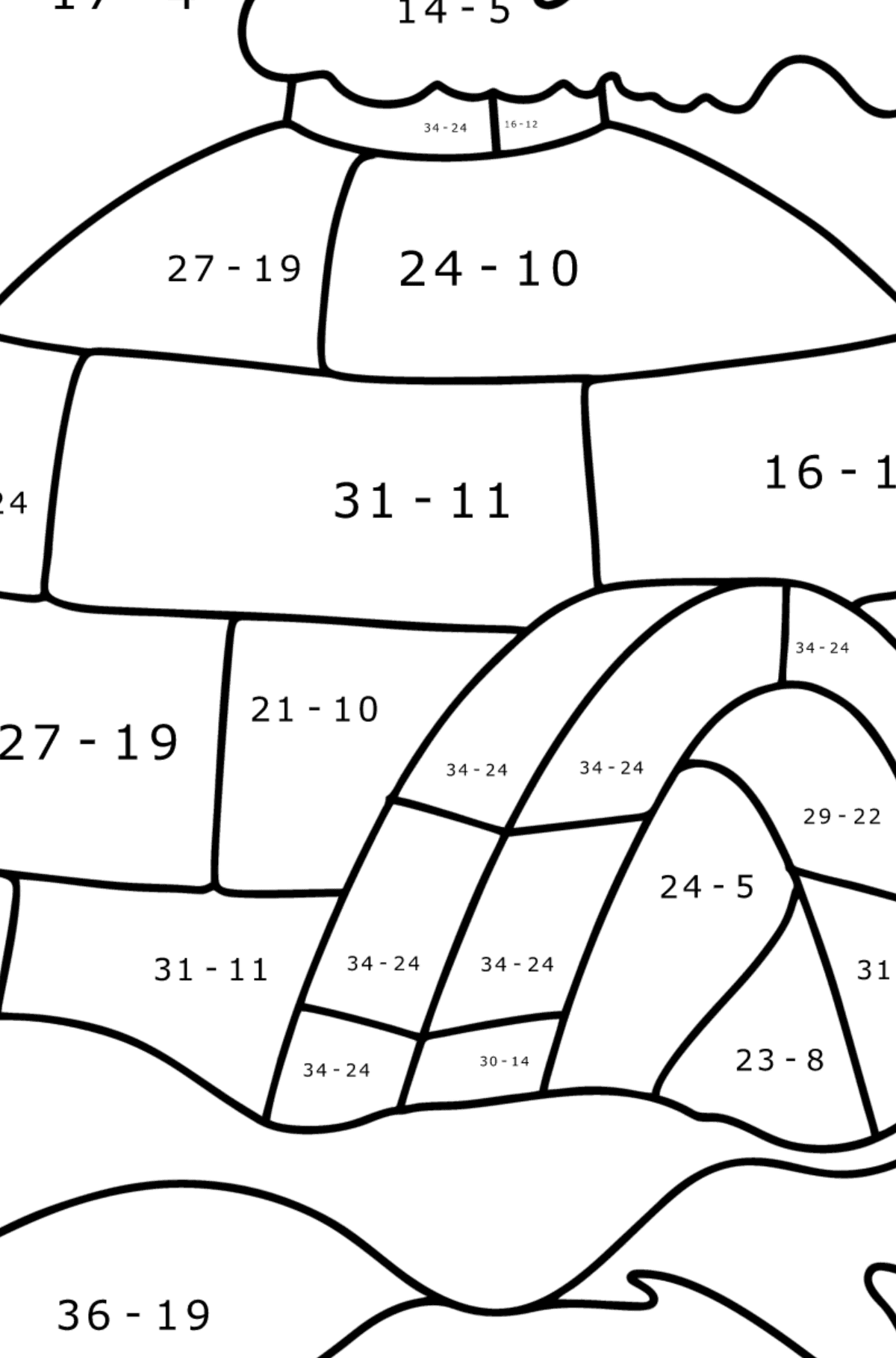 Igloo ice House coloring page - Math Coloring - Subtraction for Kids