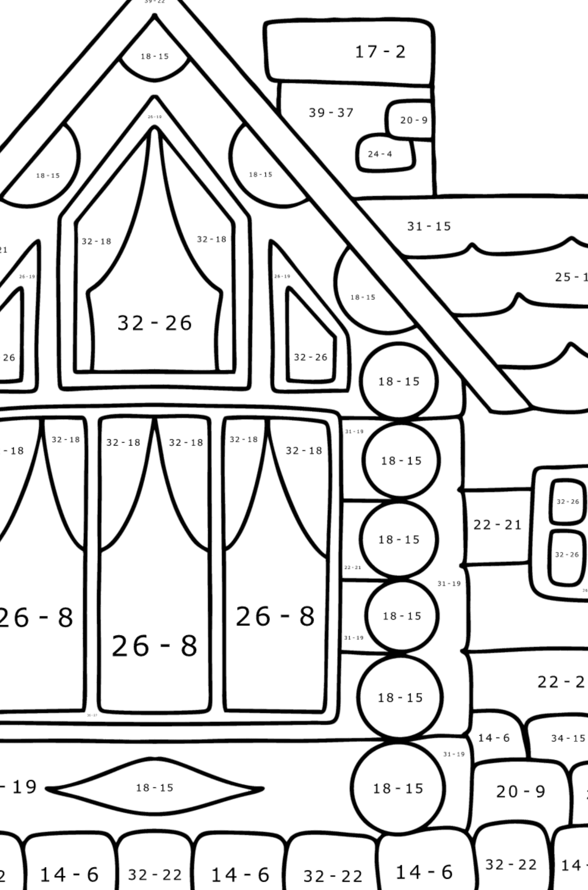 Dibujo de Cabaña de troncos para colorear - Colorear con Matemáticas - Restas para Niños