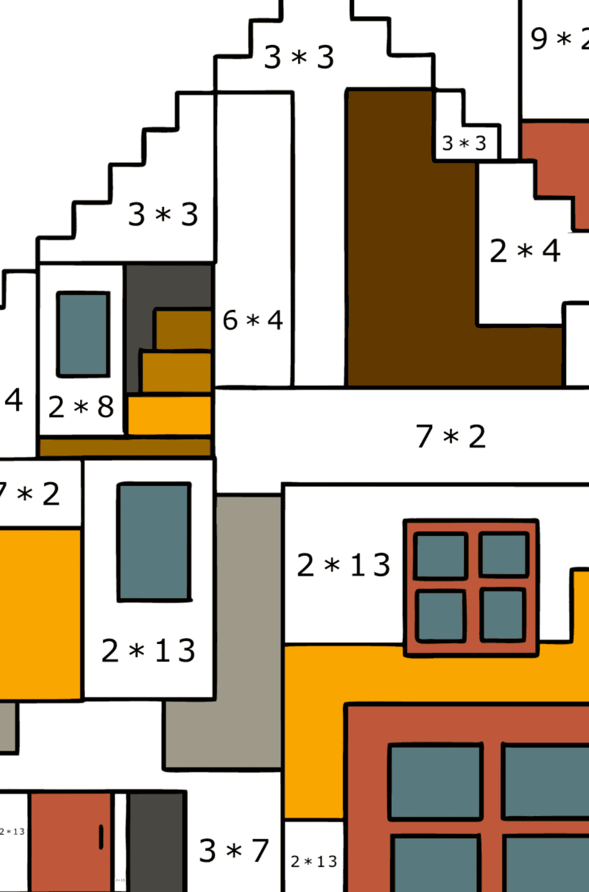 Ausmalbild Minecraft-Haus - Mathe Ausmalbilder - Multiplikation für Kinder