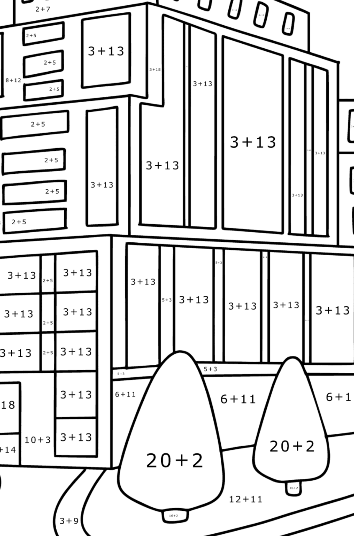Розмальовка Сучасні будинки - Математична Розмальовка Додавання для дітей