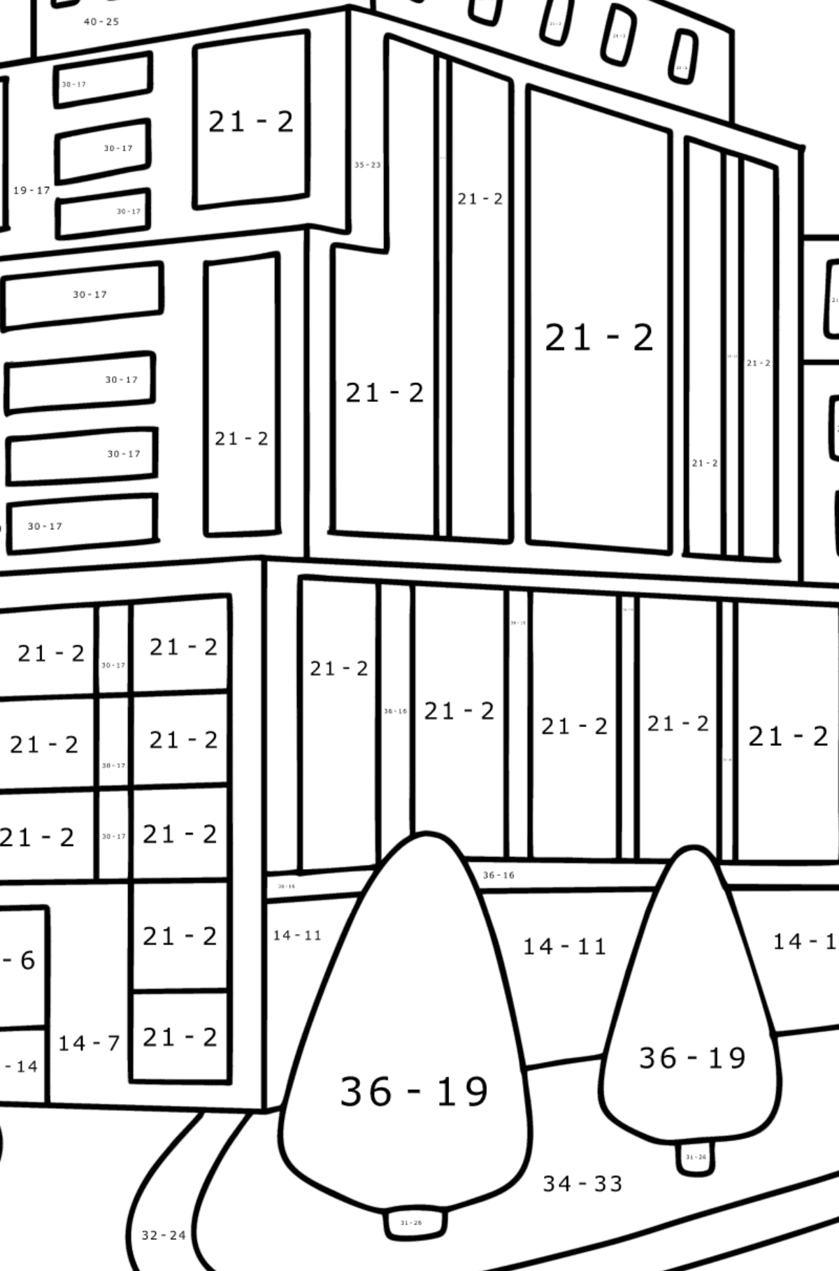Modern Houses coloring page - Math Coloring - Subtraction for Kids