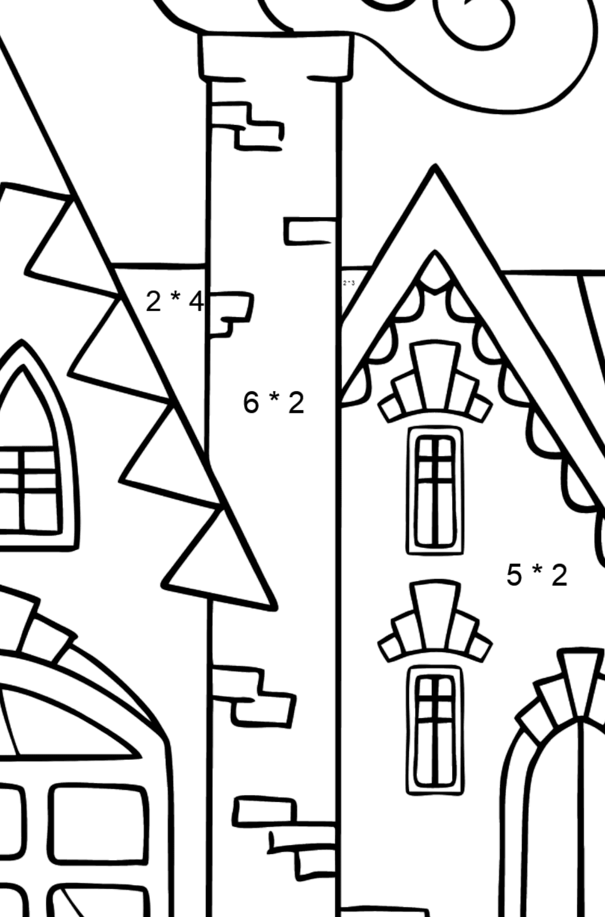 Einfache Ausmalbild - Ein bezauberndes Haus - Mathe Ausmalbilder - Multiplikation für Kinder