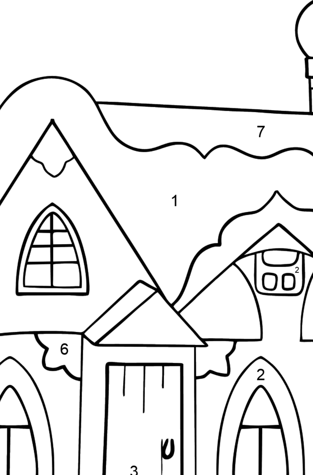 Tegning til fargelegging eventyrhus (enkelt) - Fargelegge etter numre for barn