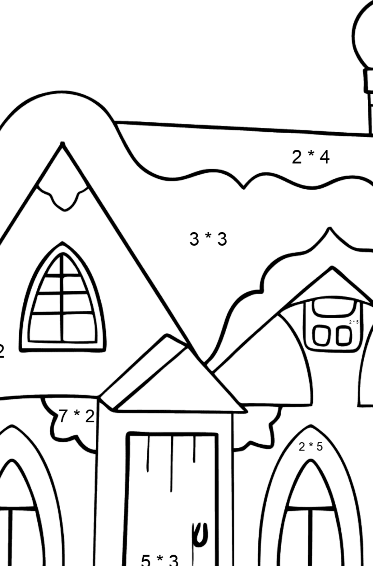 Tegning til fargelegging eventyrhus (enkelt) - Matematisk fargeleggingsside - multiplisering for barn