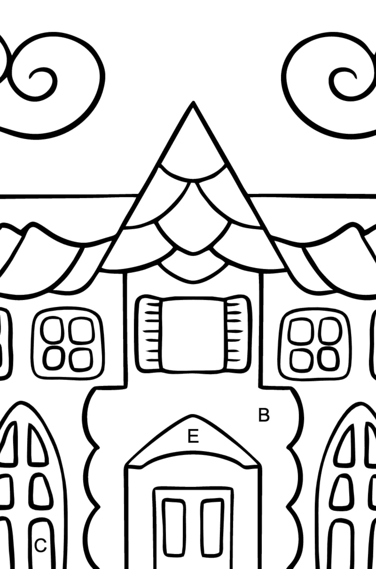 Simple Coloring Page - A House in an Enchanted Kingdom for Children  - Color by Letters
