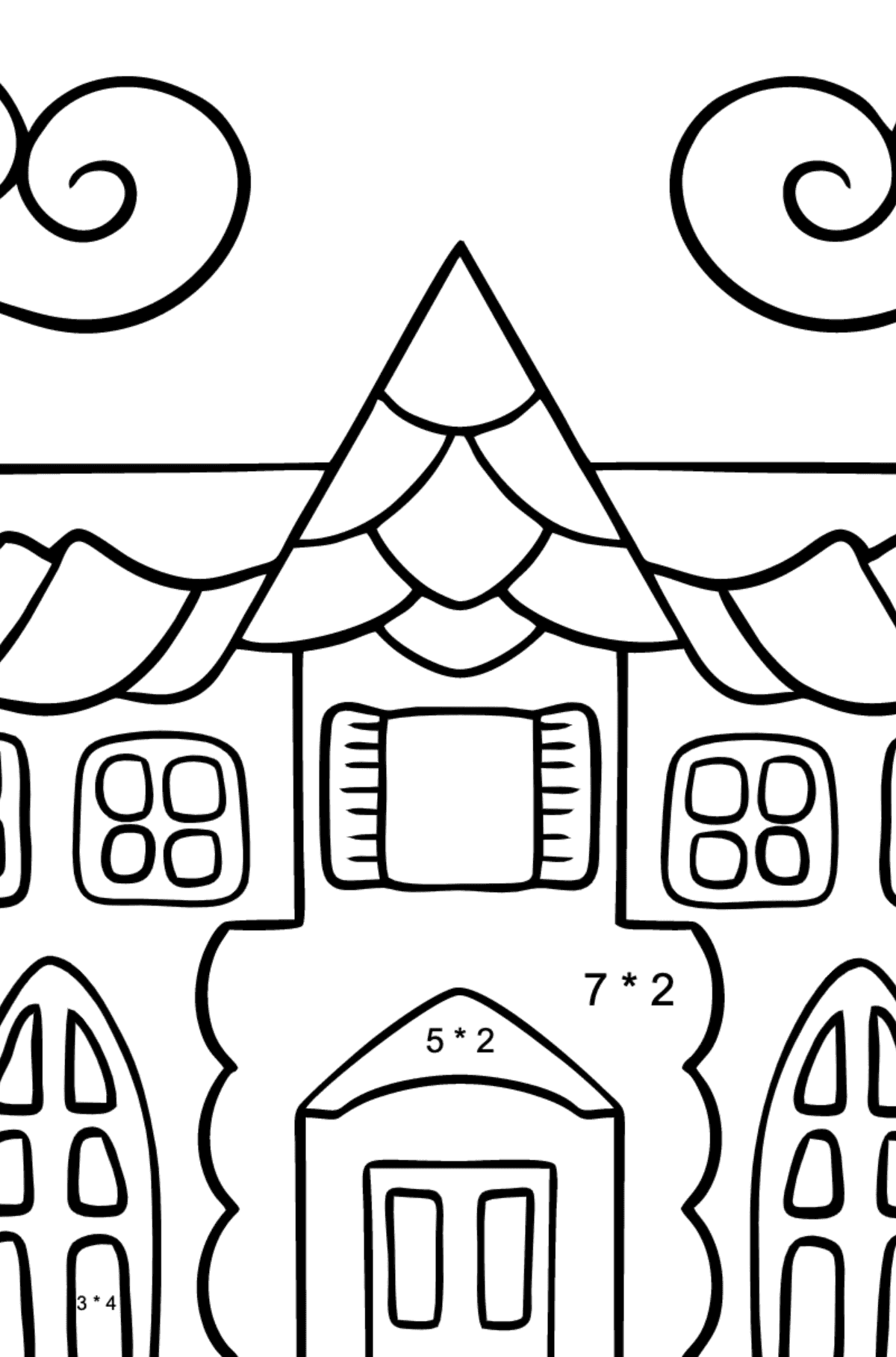 Simple Coloring Page - A House in an Enchanted Kingdom for Kids  - Color by Number Multiplication