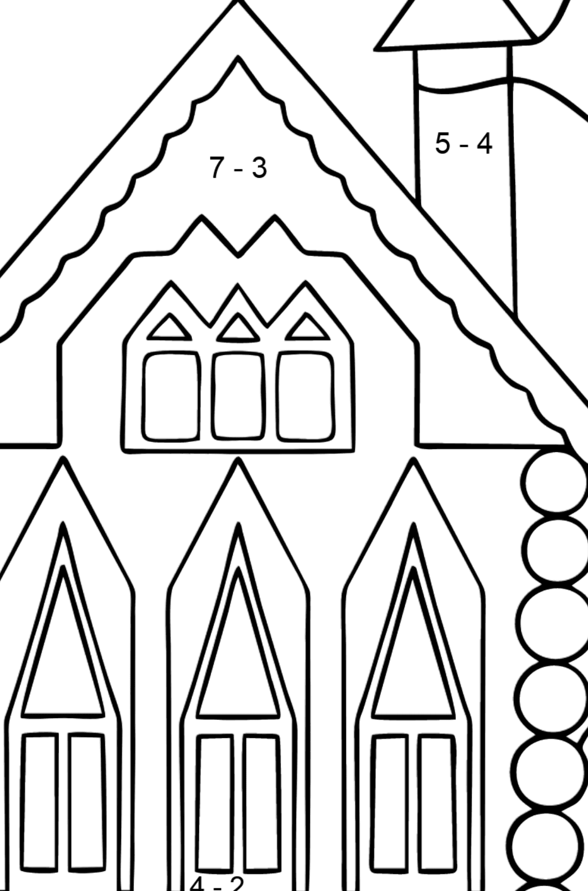 Einfache Ausmalbild - Ein Regenbogenhaus - Mathe Ausmalbilder - Subtraktion für Kinder
