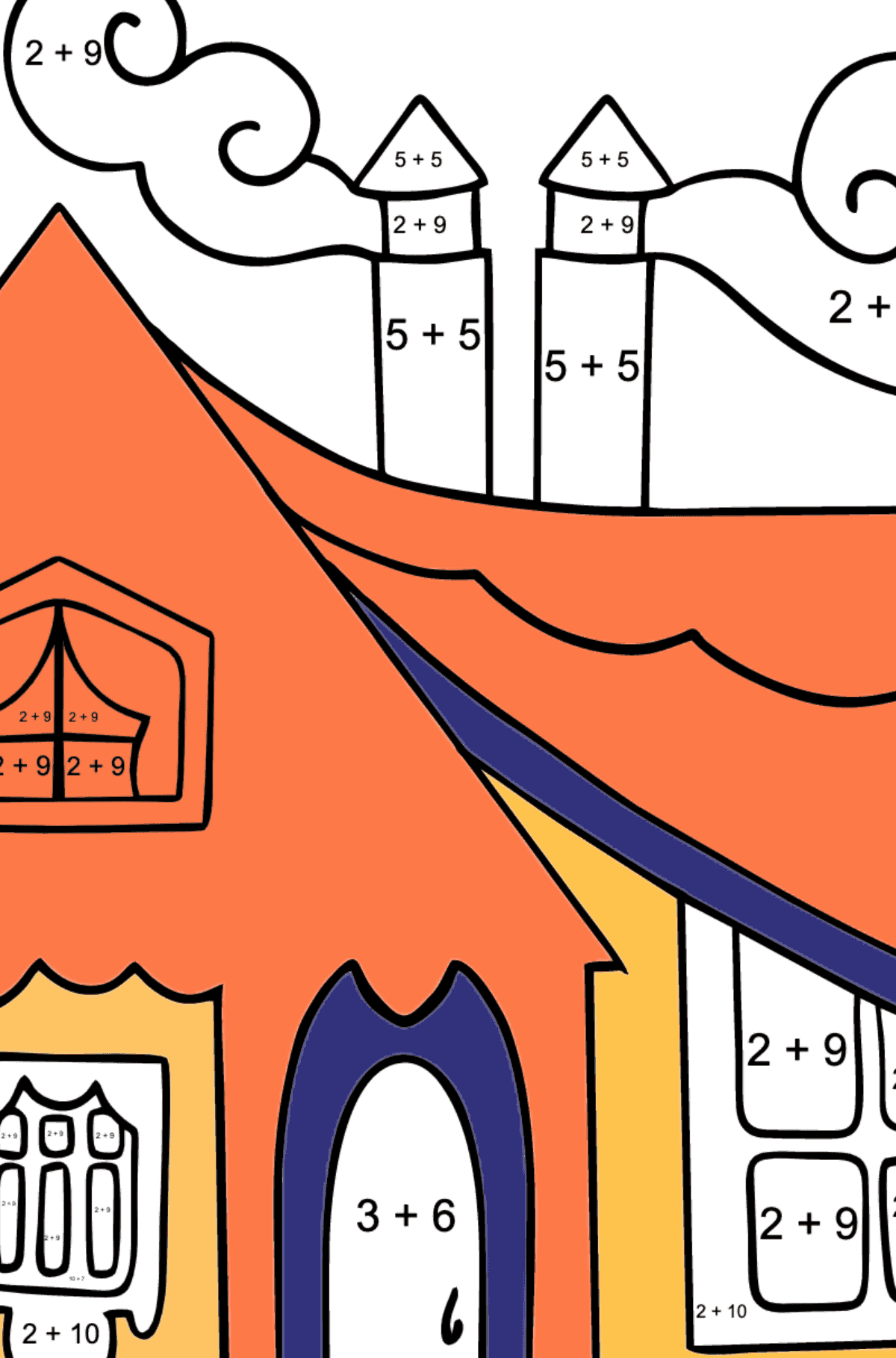 Tiny House Coloring Page (Easy) - Math Coloring - Addition for Kids