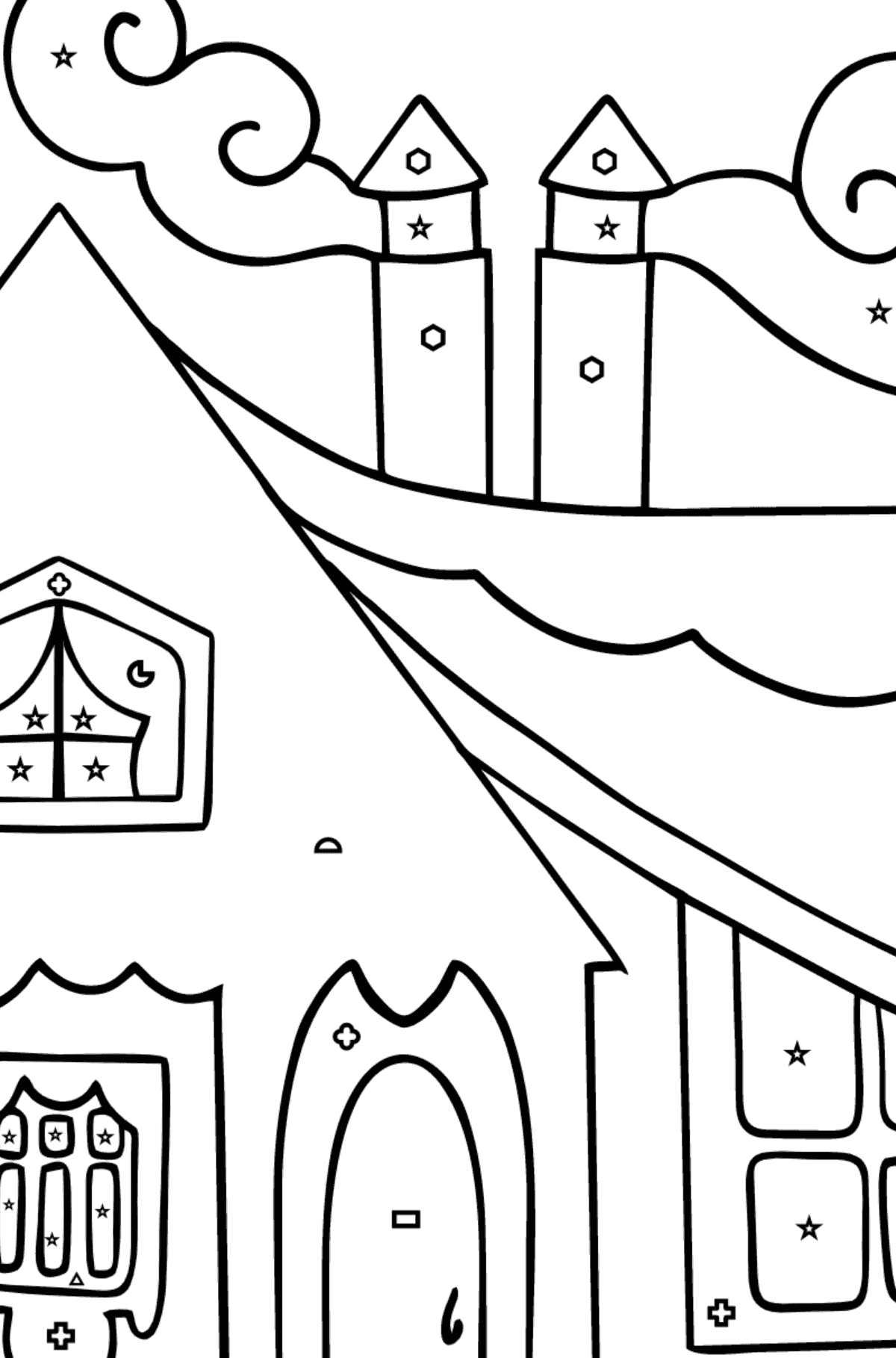 Målarbild litet hus (lätt) - Färgläggning av geometriska former För barn