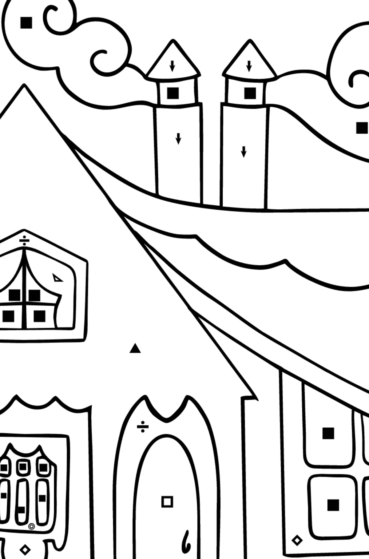 Målarbild litet hus (lätt) - Färgläggning efter symboler och av geometriska figurer För barn