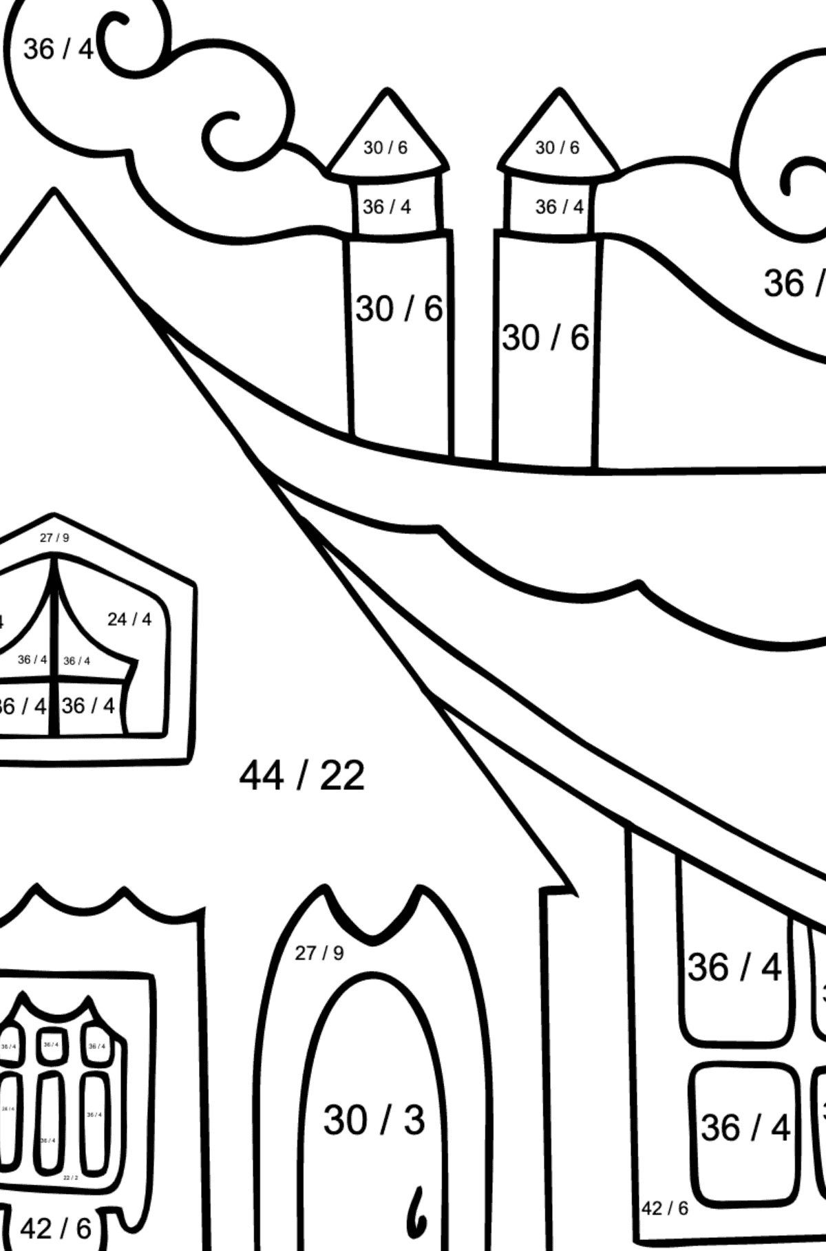 Målarbild litet hus (lätt) - Matematik Färgläggning - Division För barn