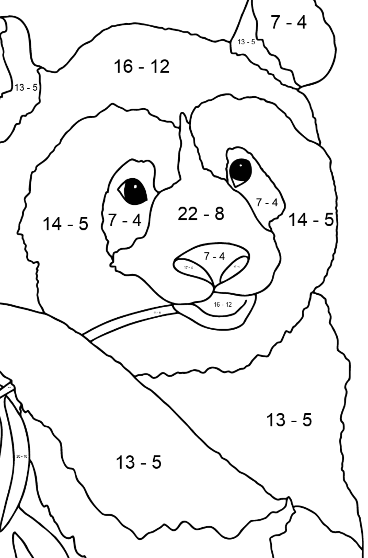Ausmalbild süßer Panda (schwer) - Mathe Ausmalbilder - Subtraktion für Kinder