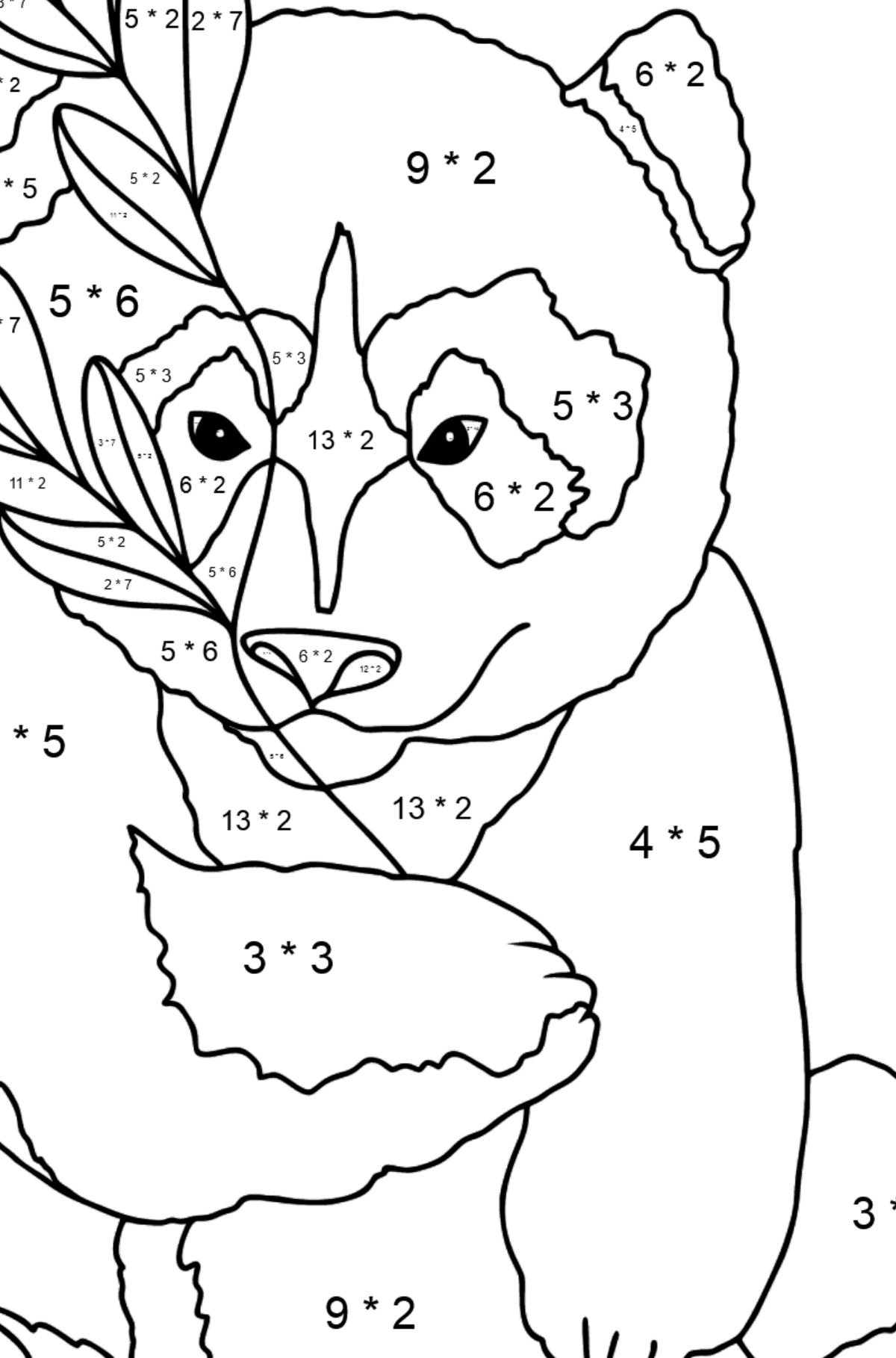 Coloriage - Un panda aime les feuilles de bambou - Coloriage Magique Multiplication pour les Enfants