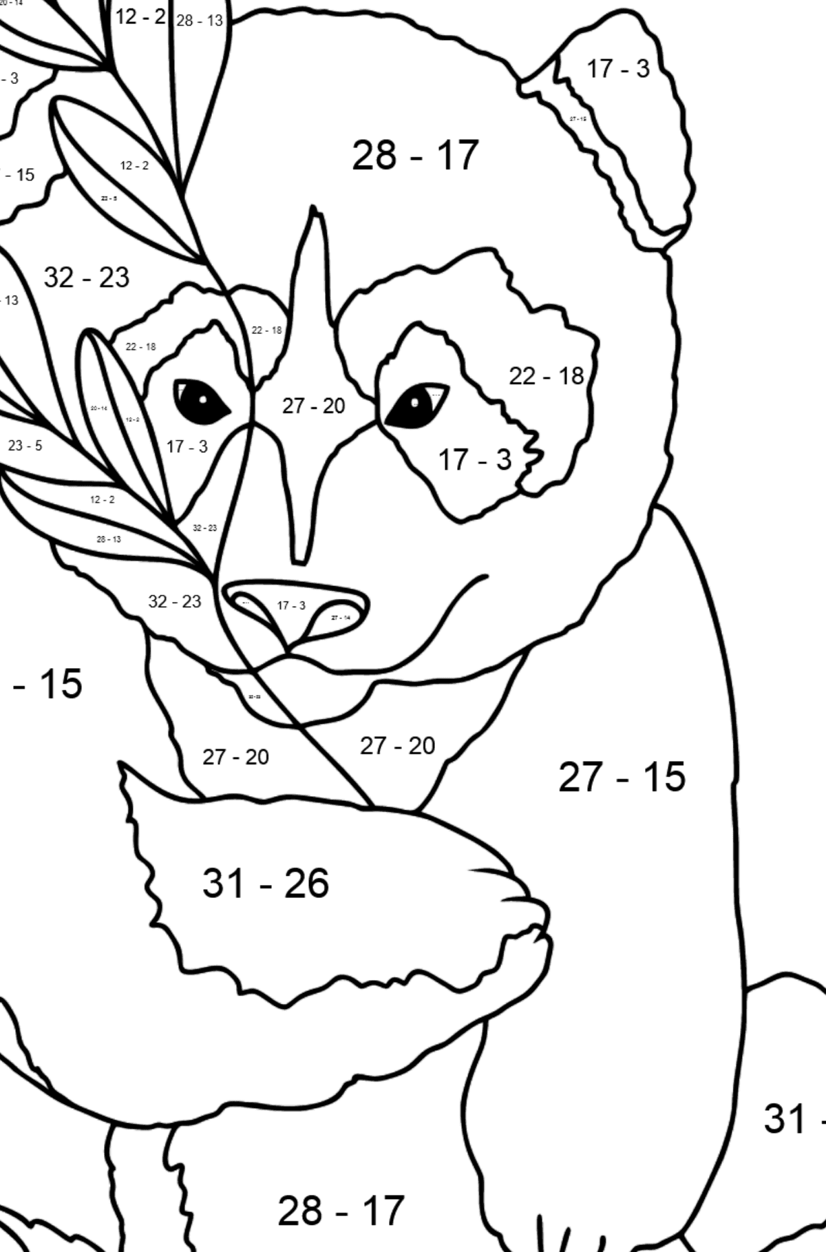 Coloriage - Un panda aime les feuilles de bambou - Coloriage Magique Soustraction pour les Enfants