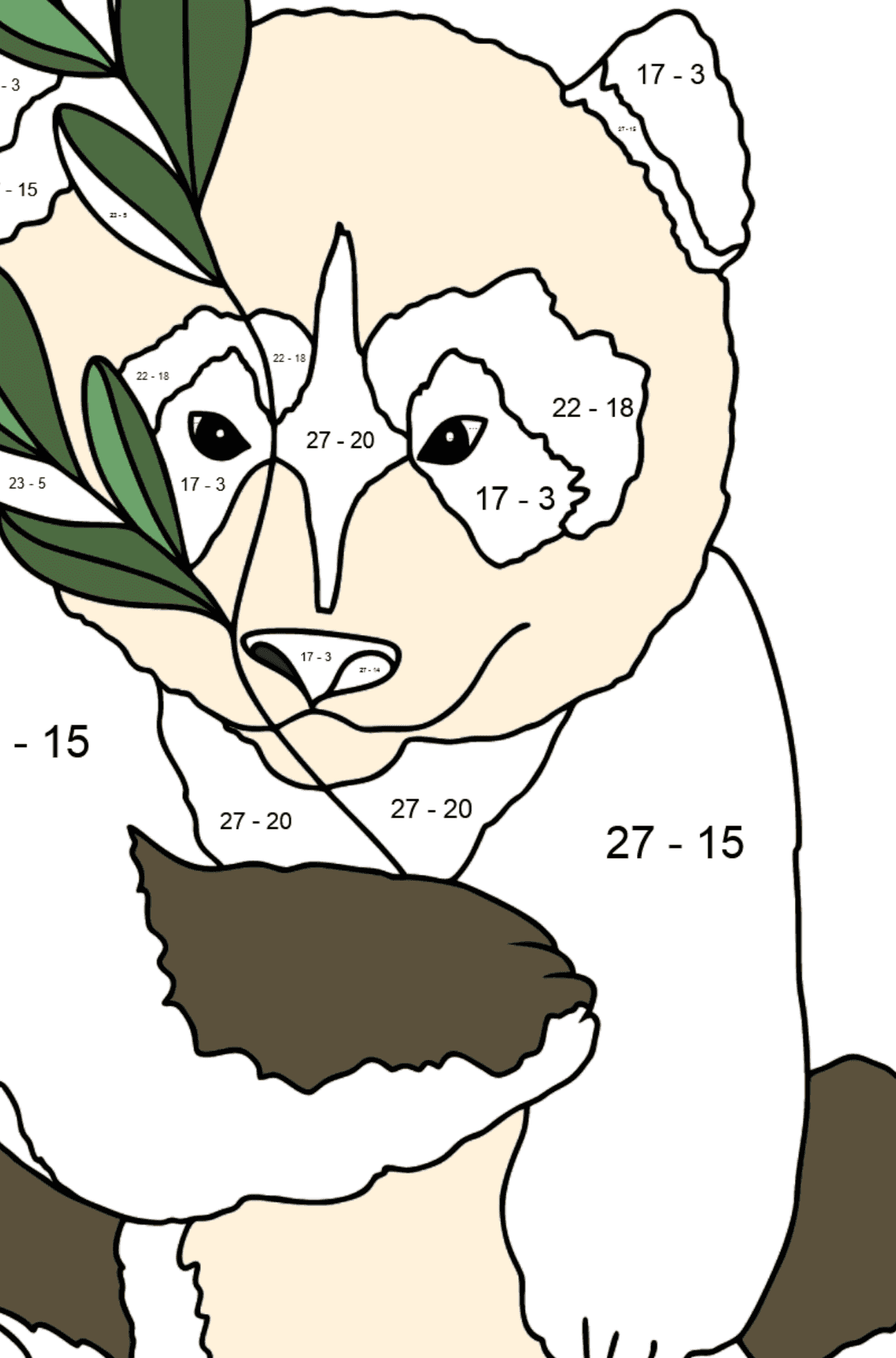 Coloring Page - A Panda Loves Bamboo Leaves - Math Coloring - Subtraction for Kids