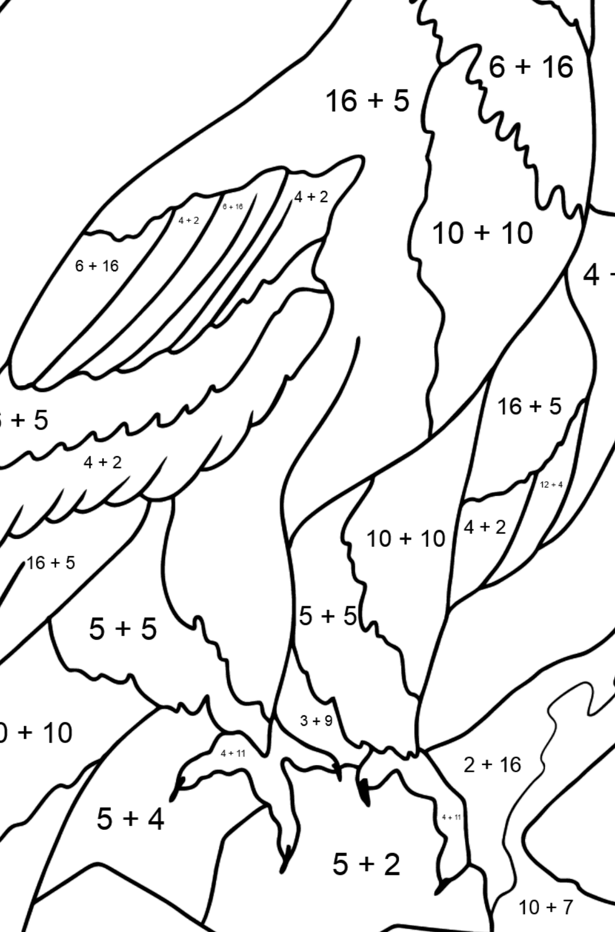 Coloring Page - An Eagle is Looking for Prey - Math Coloring - Addition for Kids