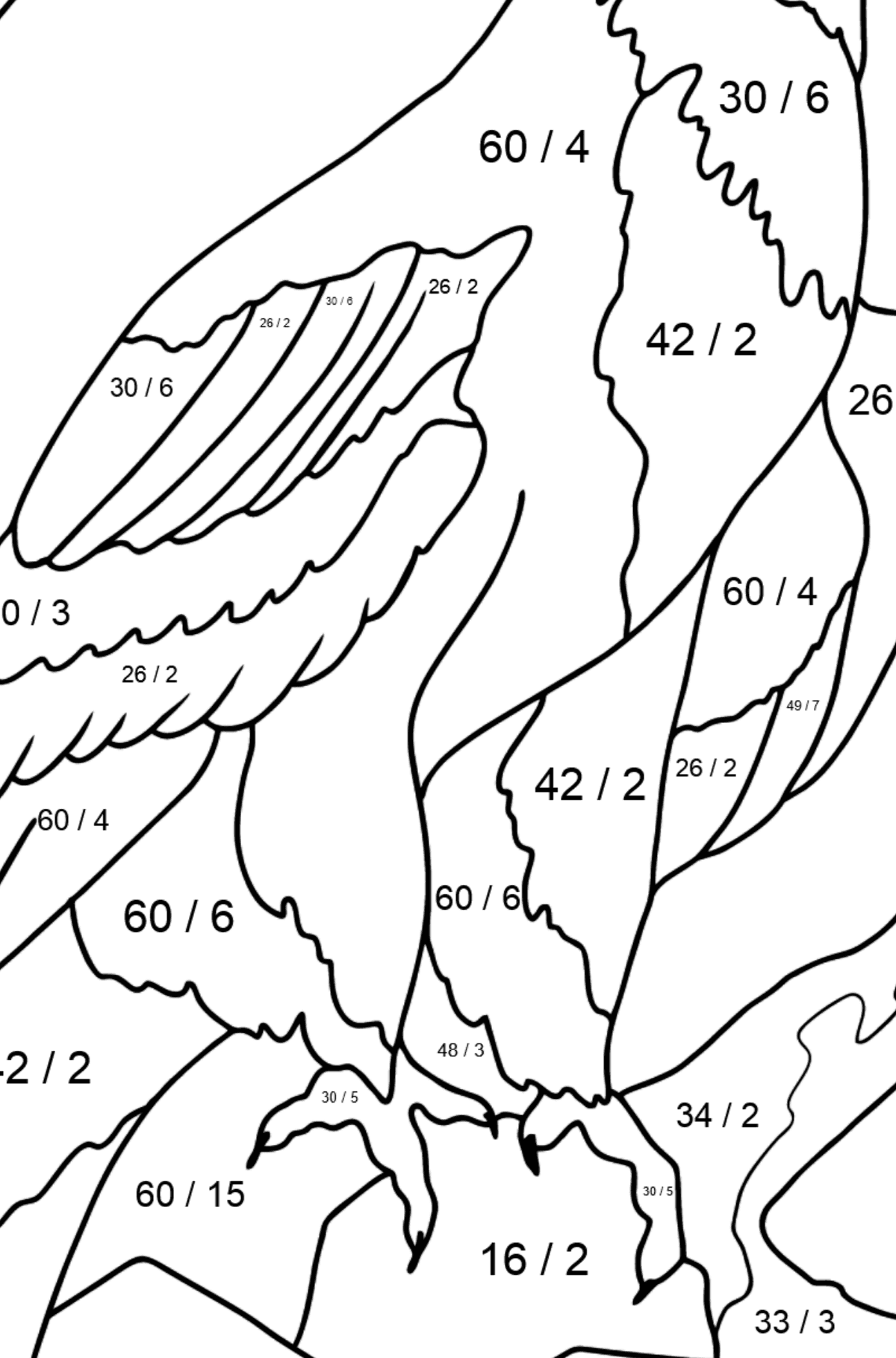 Desenho de águia alpina para colorir (difícil) - Colorindo com Matemática - Divisão para Crianças