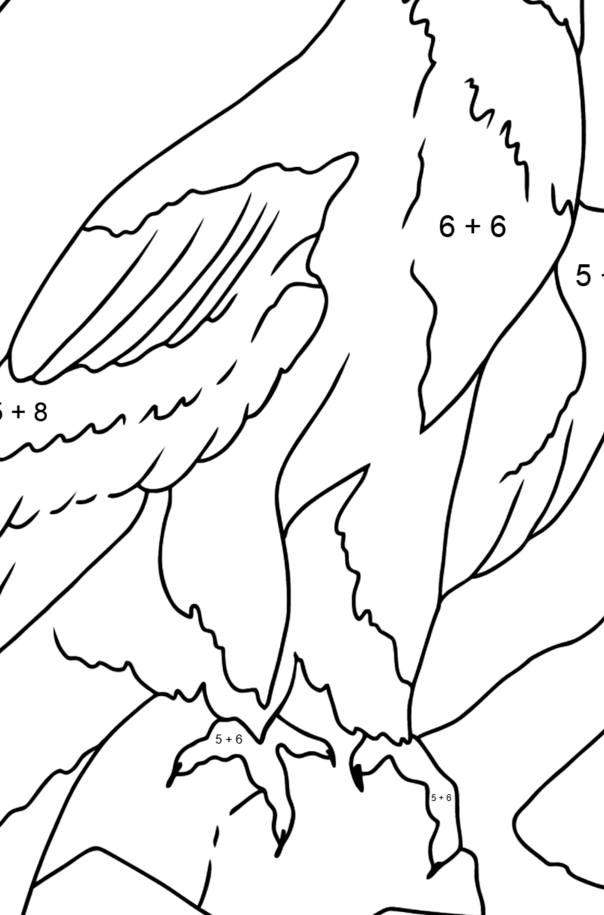 Ausmalbild - Ein Adler ist auf der Jagd - Mathe Ausmalbilder - Addition für Kinder