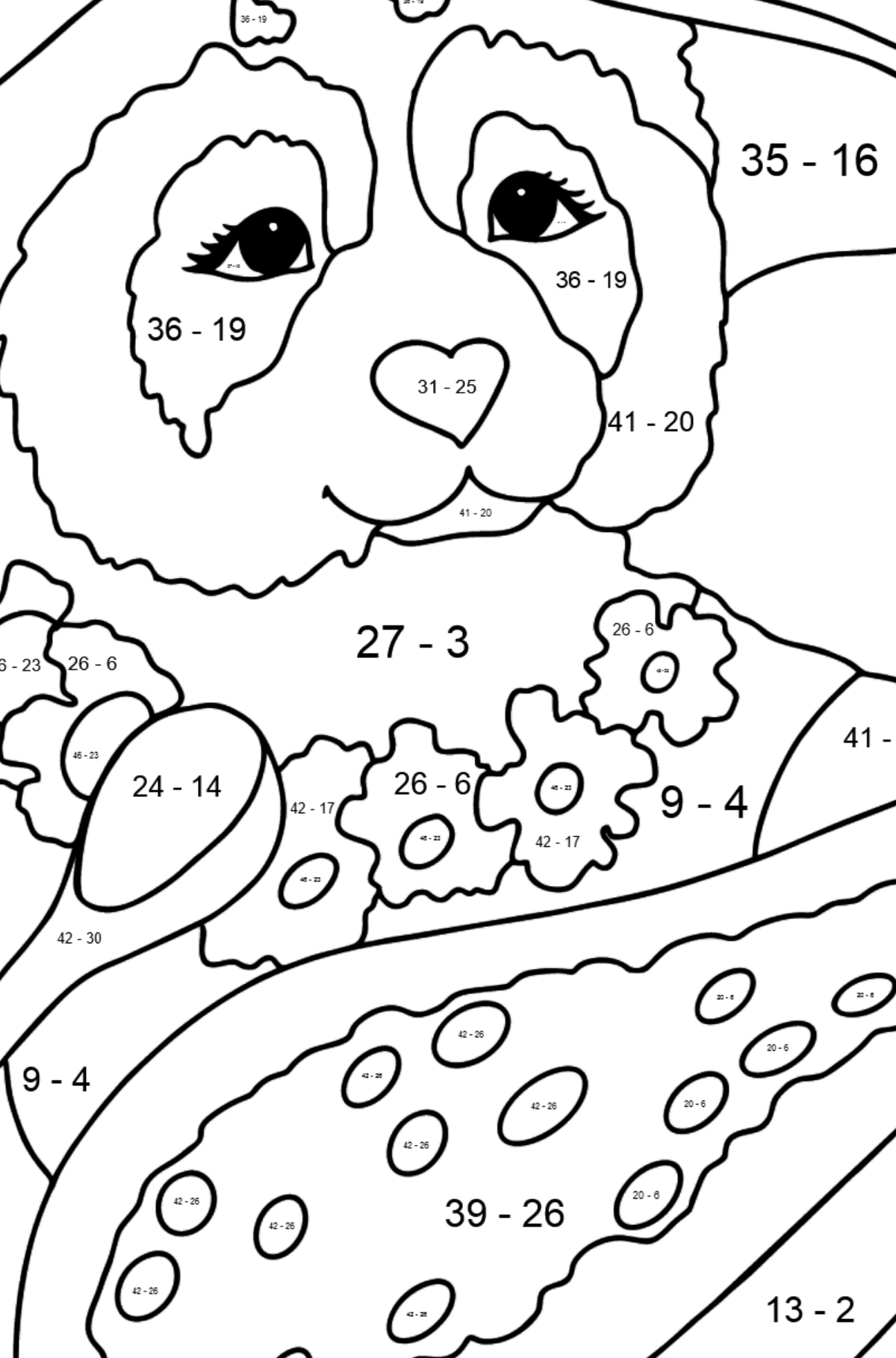 Dibujo de Panda Lindo (Difícil) para colorear - Colorear con Matemáticas - Restas para Niños